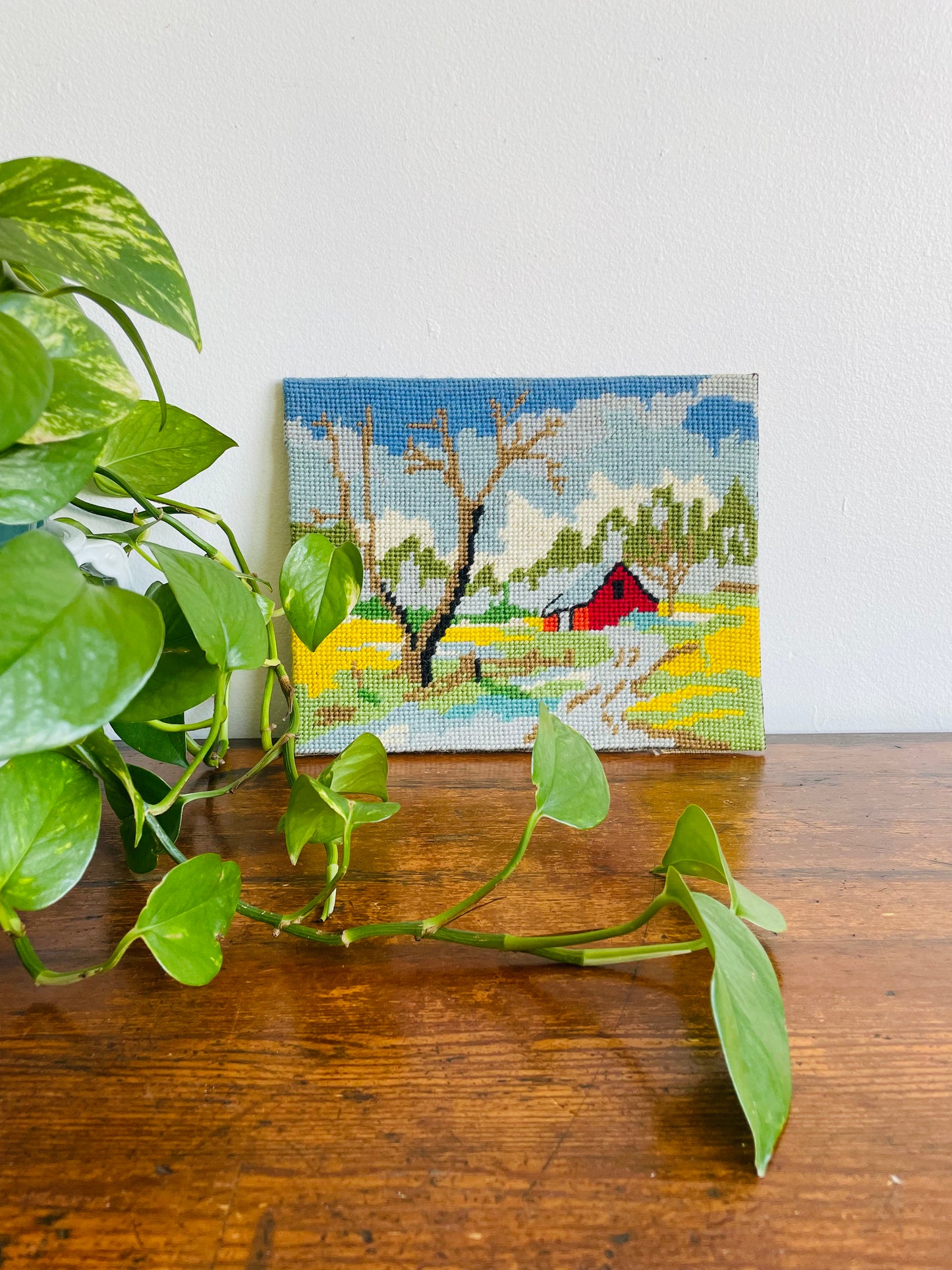 Adorable Red Barn Needlepoint Embroidery Picture on Board - Frame or Leave As-Is!