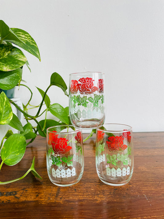 Juice Glasses with Rose Garden & White Picket Fence Design - Set of 3