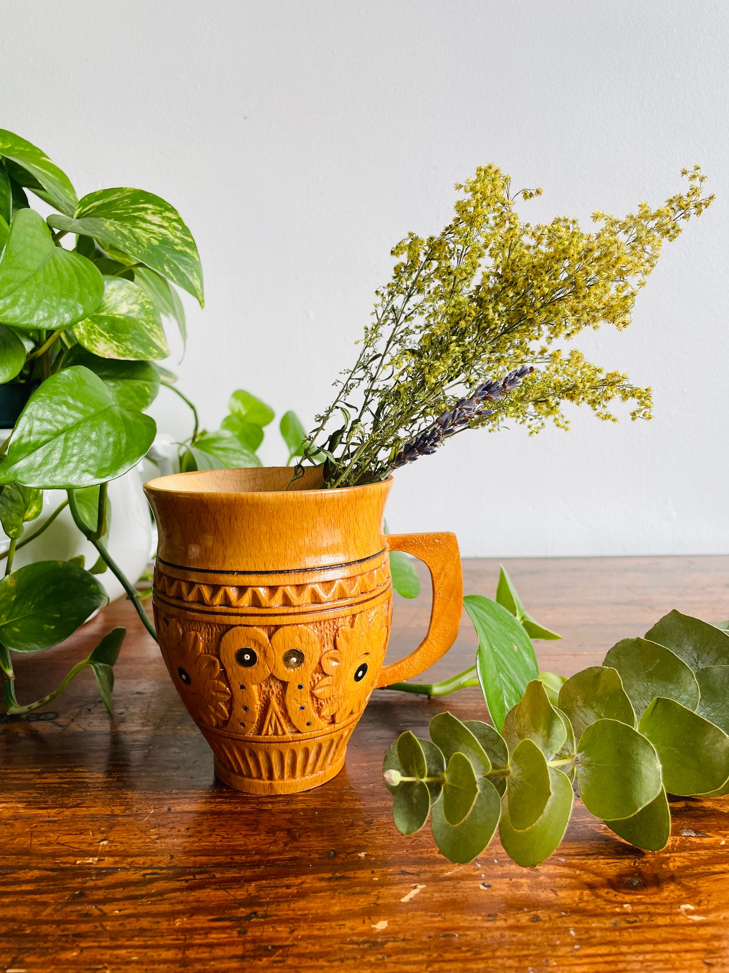 Rustic Traditional Ukrainian Folk Carved Wooden Mug Cup with Hand Painted Floral Design