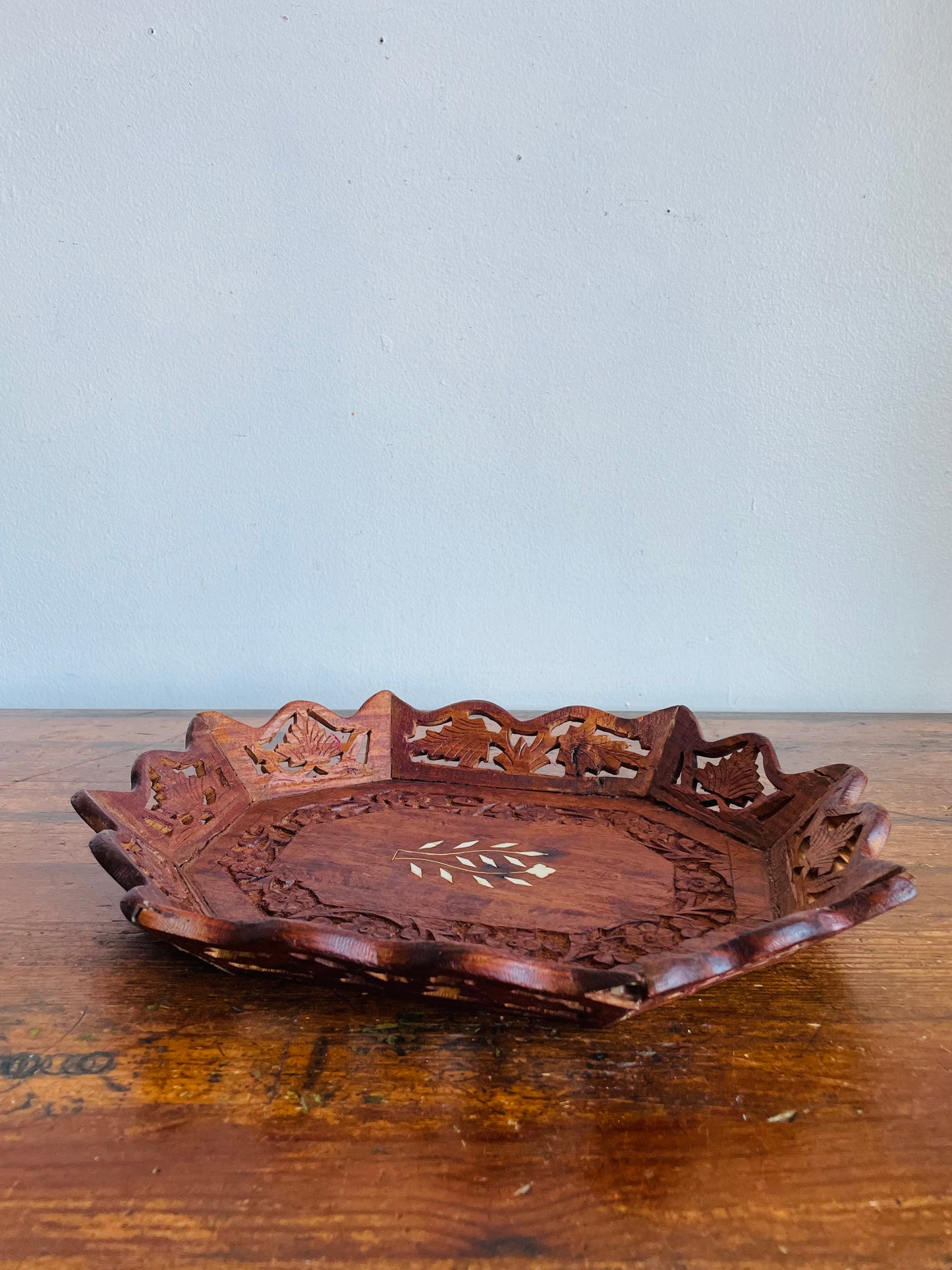 Vintage Carved Indian Rosewood Tray Dish with Inlay Design - Vanity, Bathroom, Jewellery, Candle, Etc.