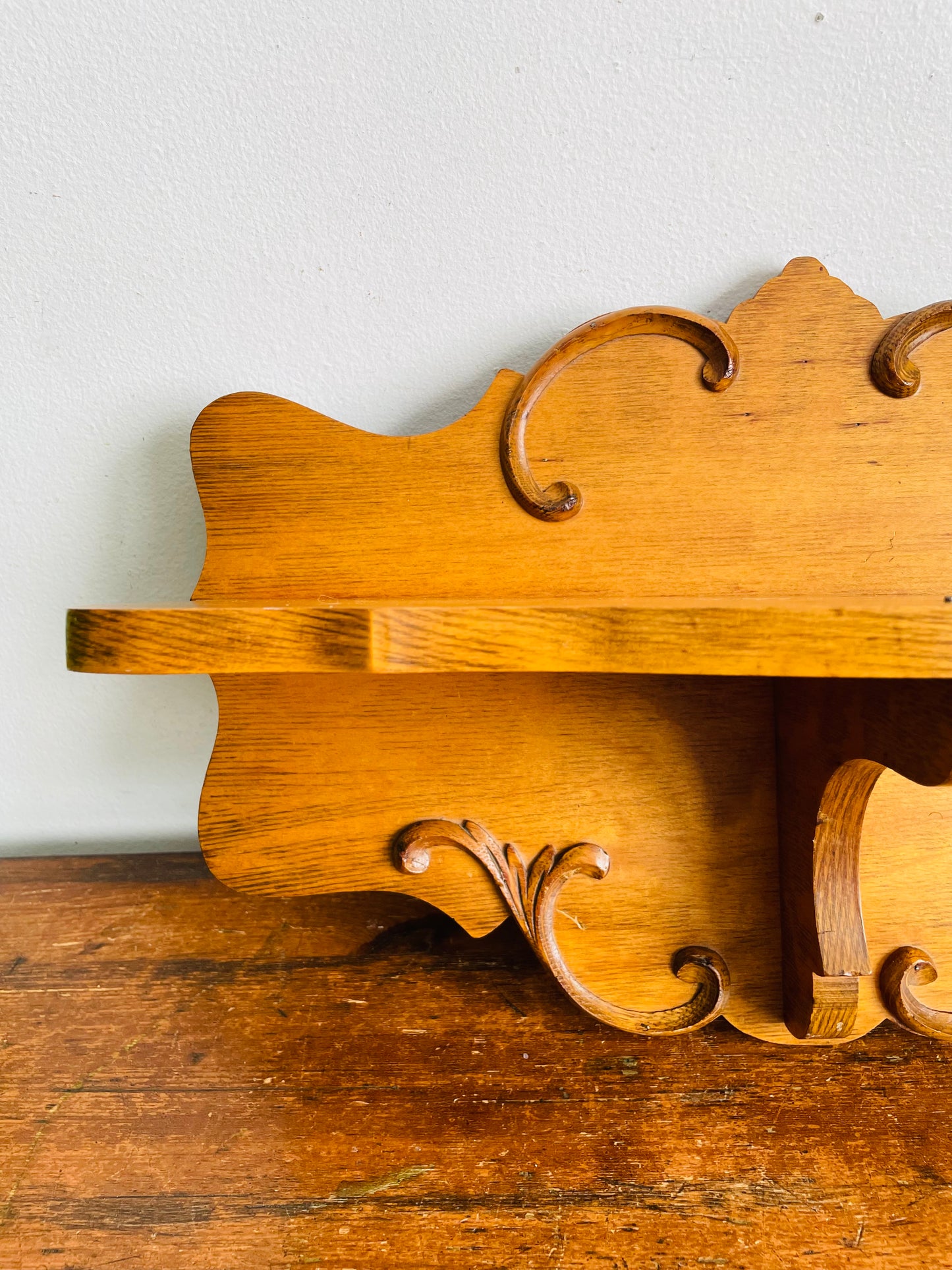 Vintage Solid Oak Wood Wall Hanging Shelf with Raised Scroll Design