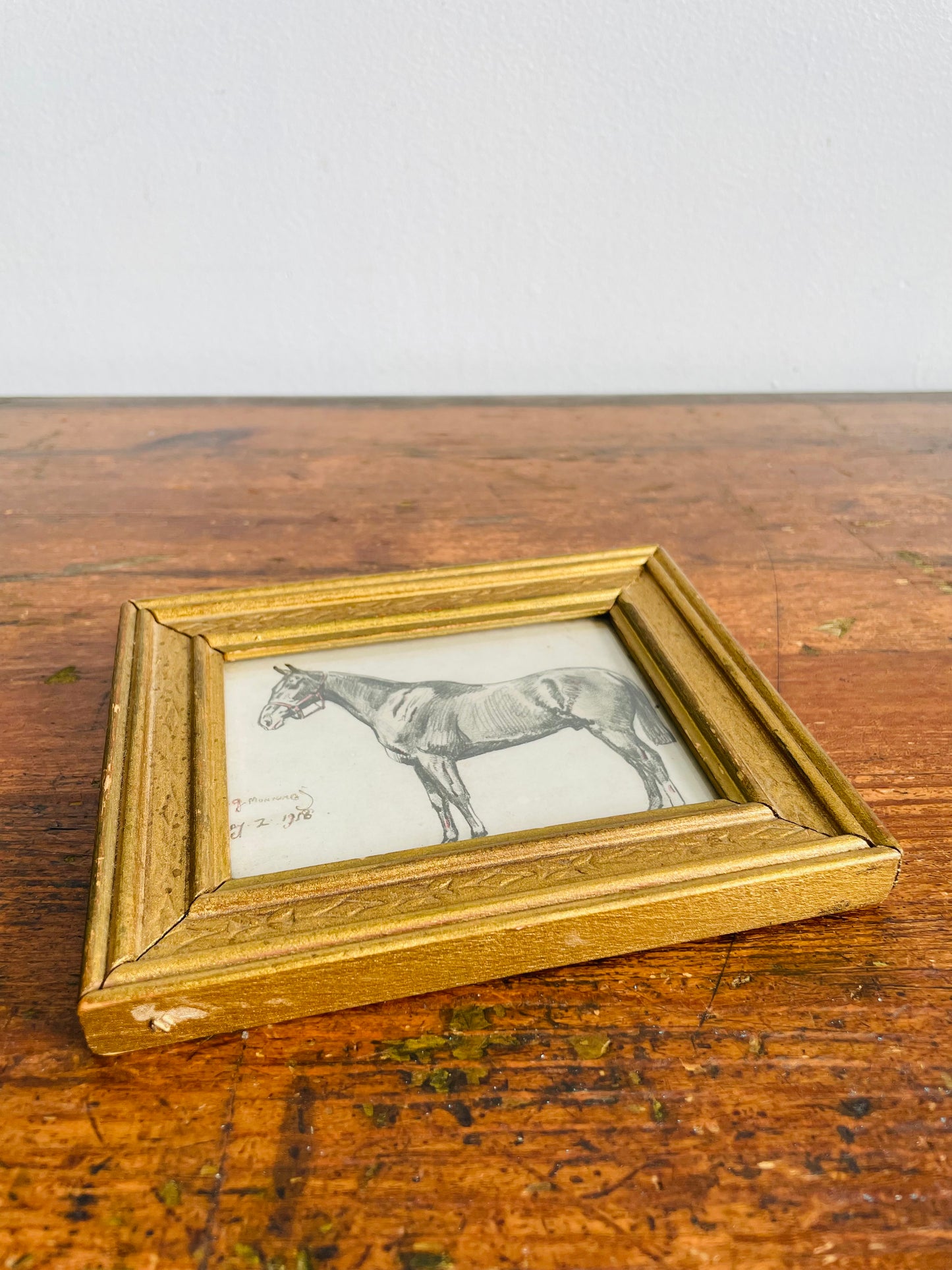 Antique Original Art Miniature Sketch Pencil Drawing Picture in Gold Wood Frame - Artist Signed - Dad's Horse - May 2, 1918