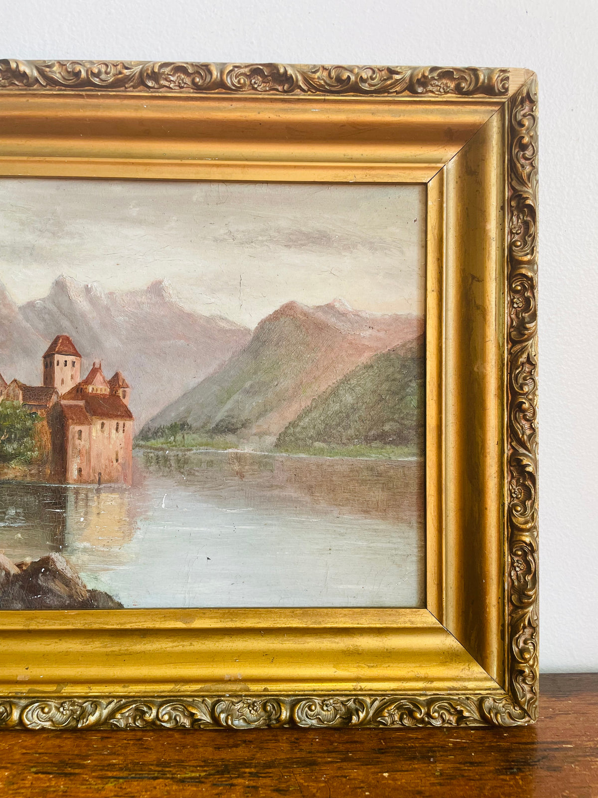 Vintage Original Art Painting Picture in Ornate Gold Frame - Chillon Castle, Switzerland On Lake Geneva with Dents du Midi Alps Mountain Range in Background