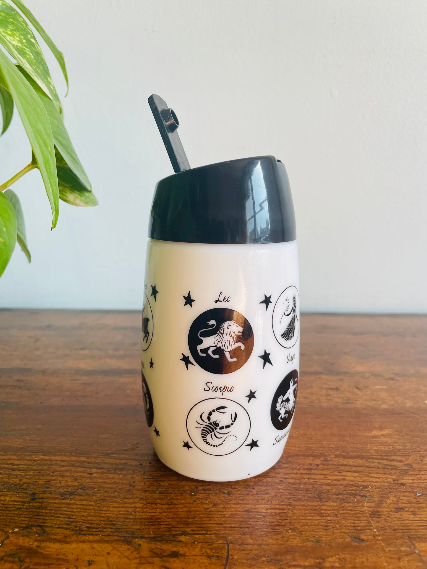 Black & White Milk Glass Horoscope Sugar Pour Dispenser with Zodiac Sign Graphics