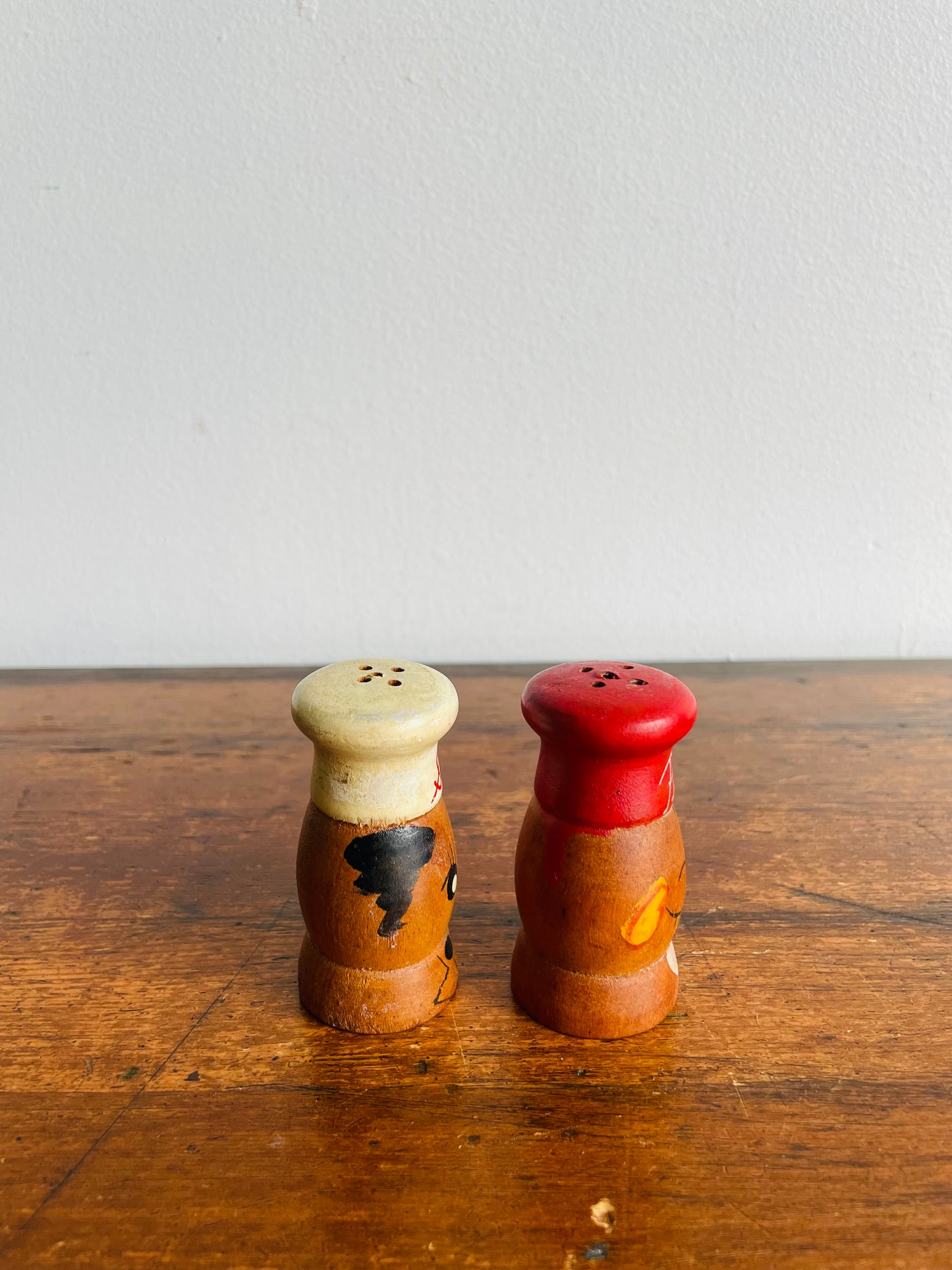 Adorable Wood Salt & Pepper Shakers with Hand Painted Faces