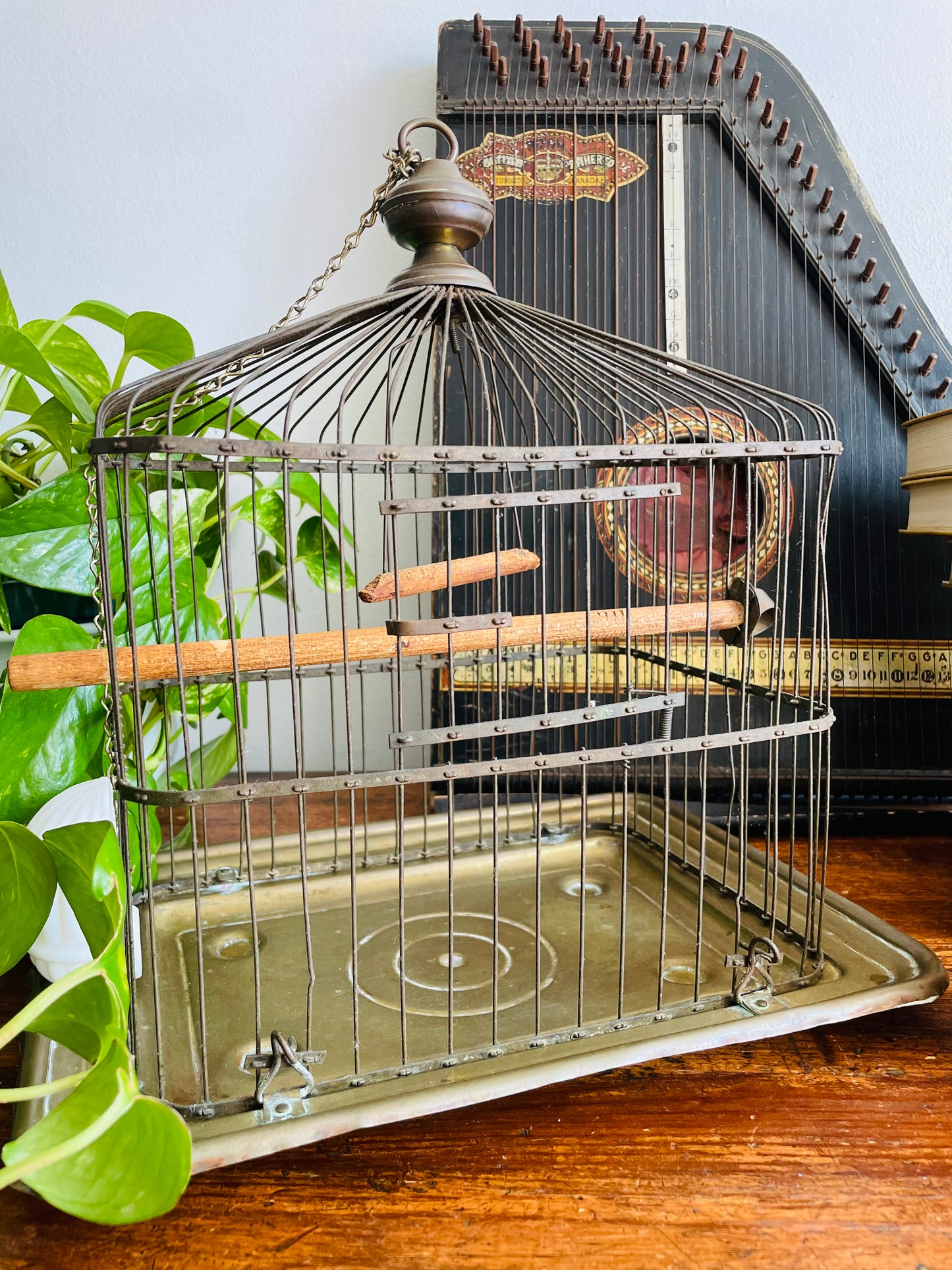 Antique Hendryx Brass & Metal Wire Bird Cage with Wood Perches & Milk Glass Food Dish - Art Deco Decor