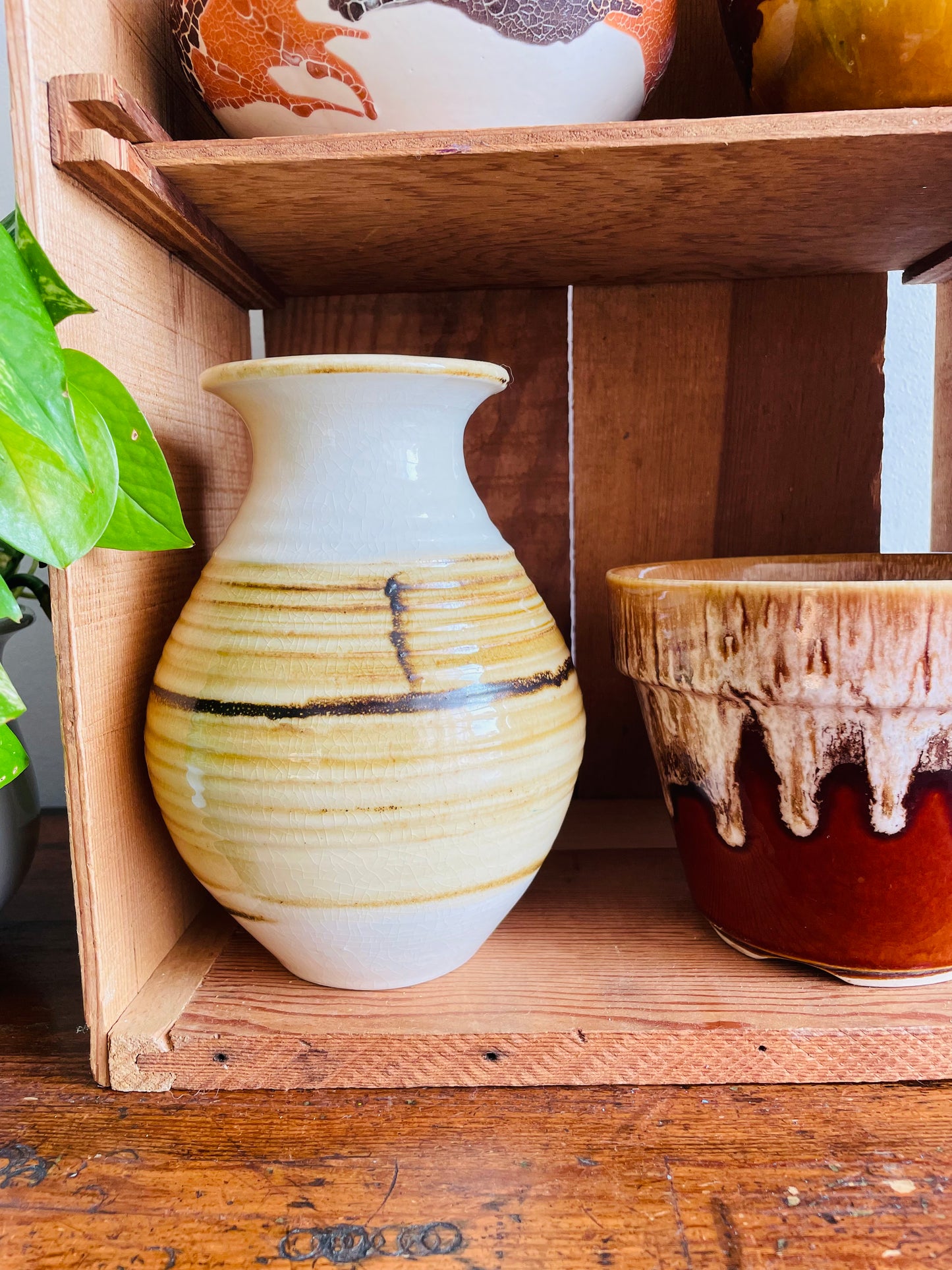 Studio Pottery Vase in Neutral Shades of Tan, Cream & Brown