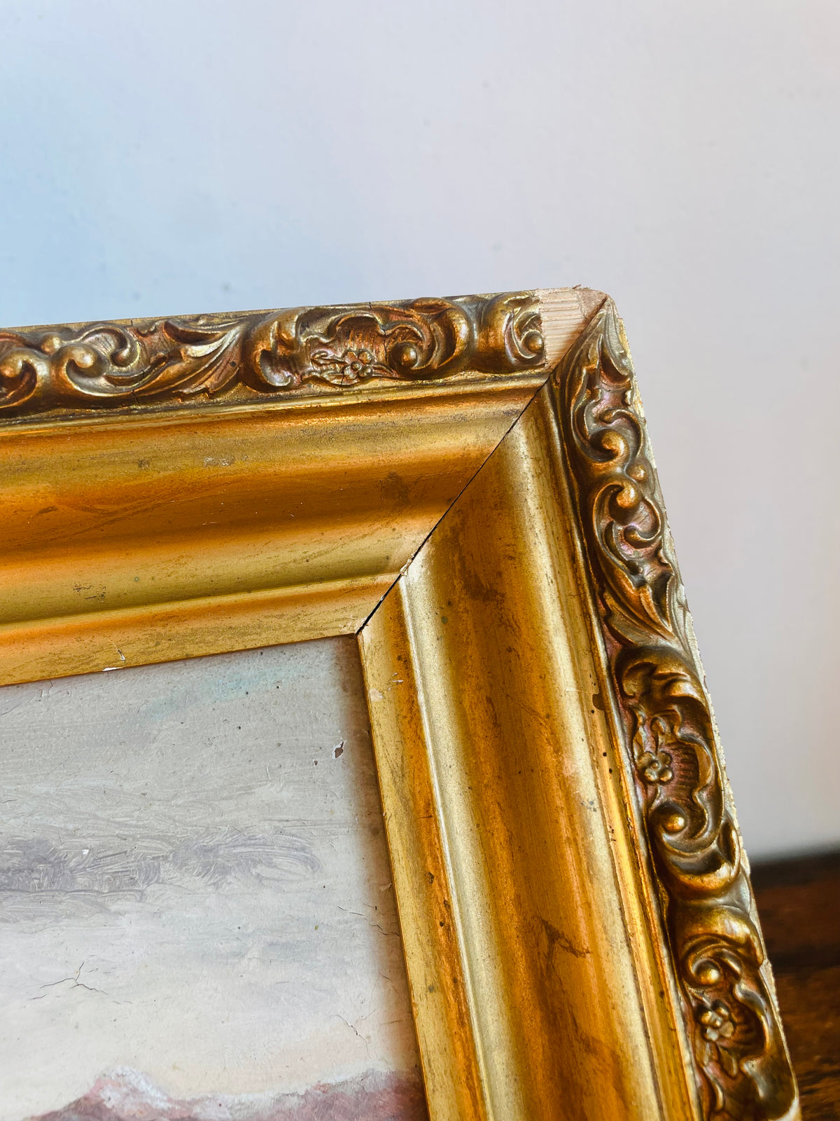 Vintage Original Art Painting Picture in Ornate Gold Frame - Chillon Castle, Switzerland On Lake Geneva with Dents du Midi Alps Mountain Range in Background