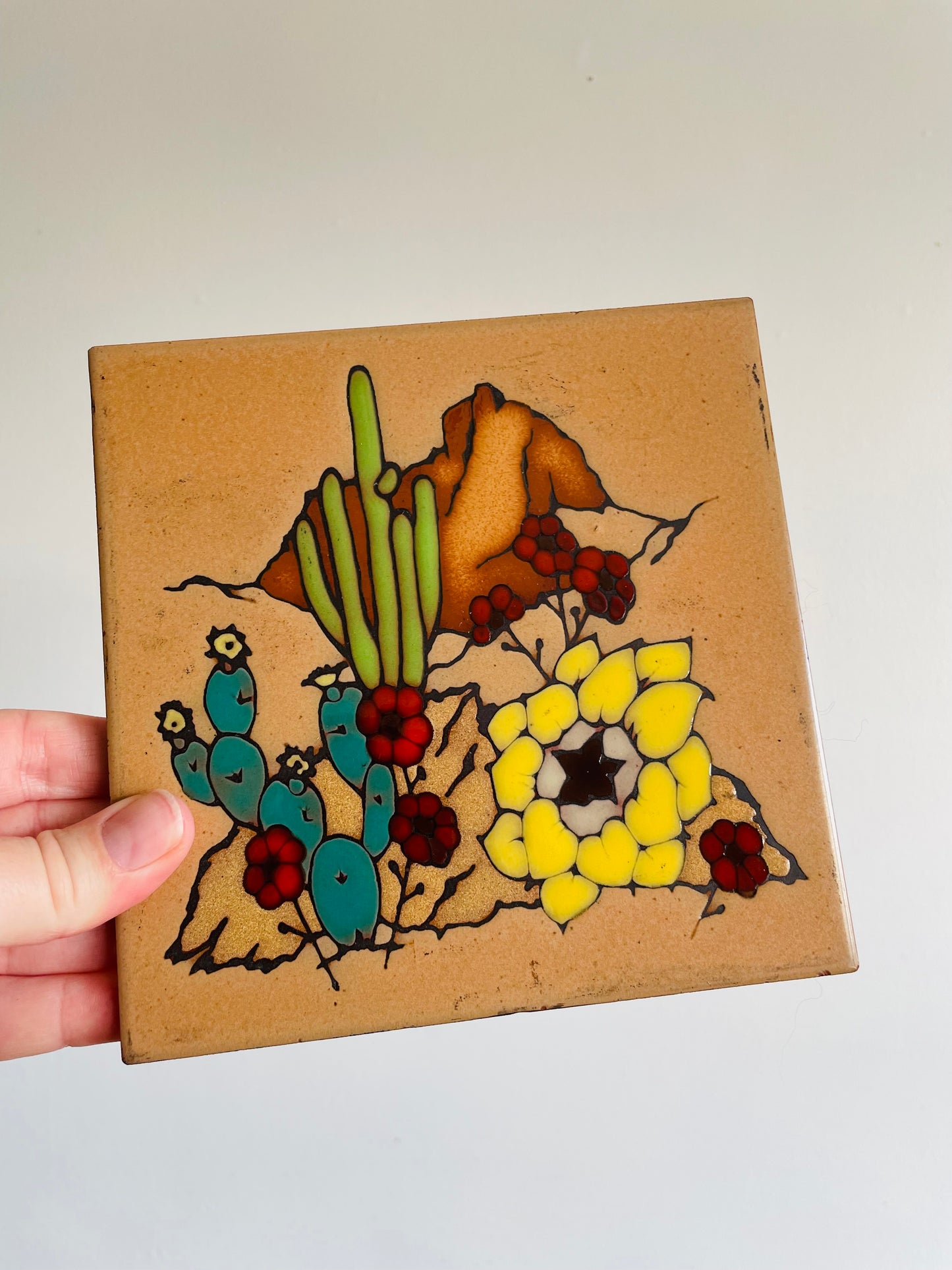 Masterworks Handcrafted Art Tile Trivet with Southwestern Desert Cactus Design