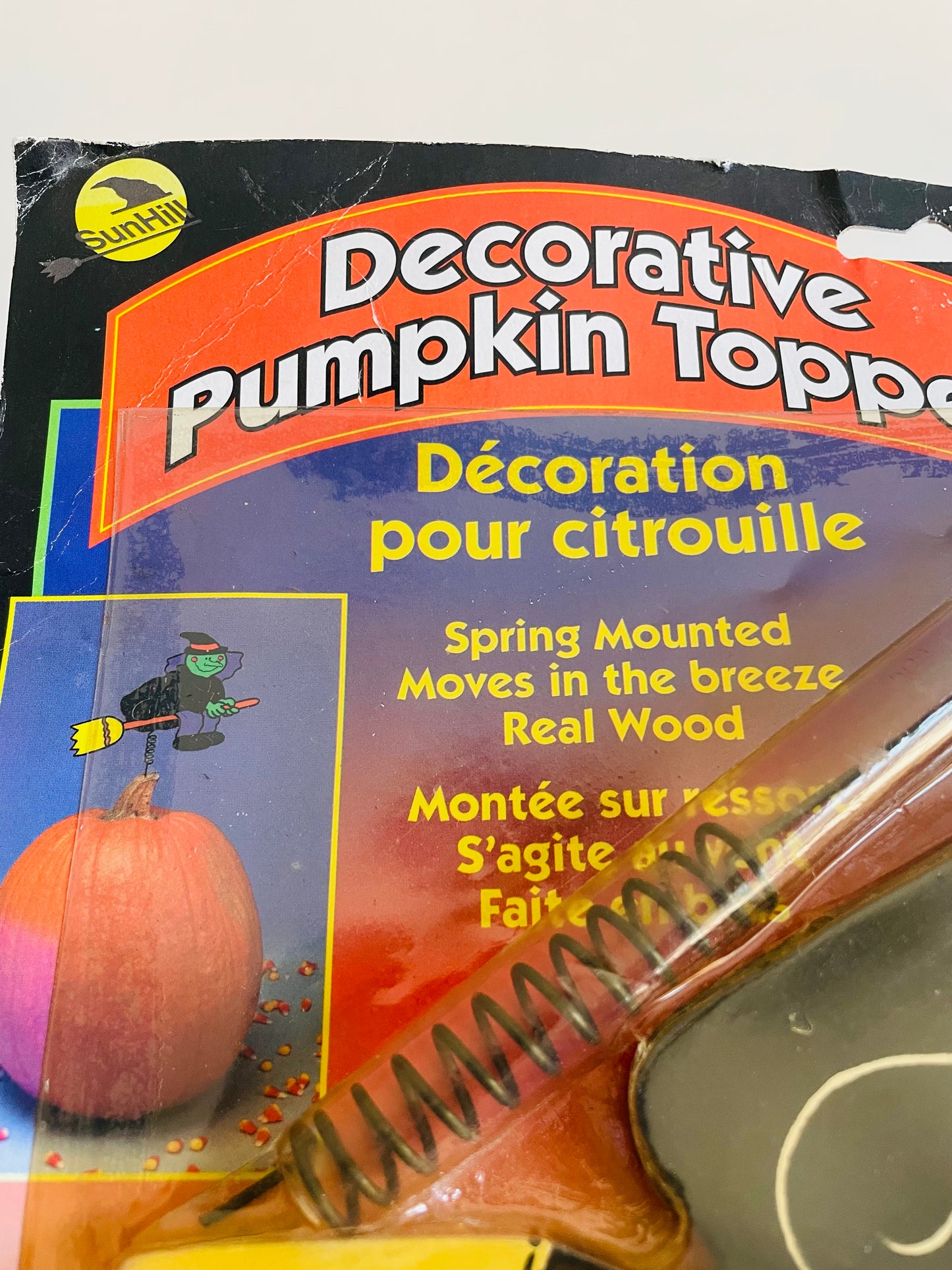Vintage Brand New 1998 Sun Hill Industries Halloween Witch Decorative Pumpkin Topper - Spring Mounted, Real Wood, Moves in the Breeze