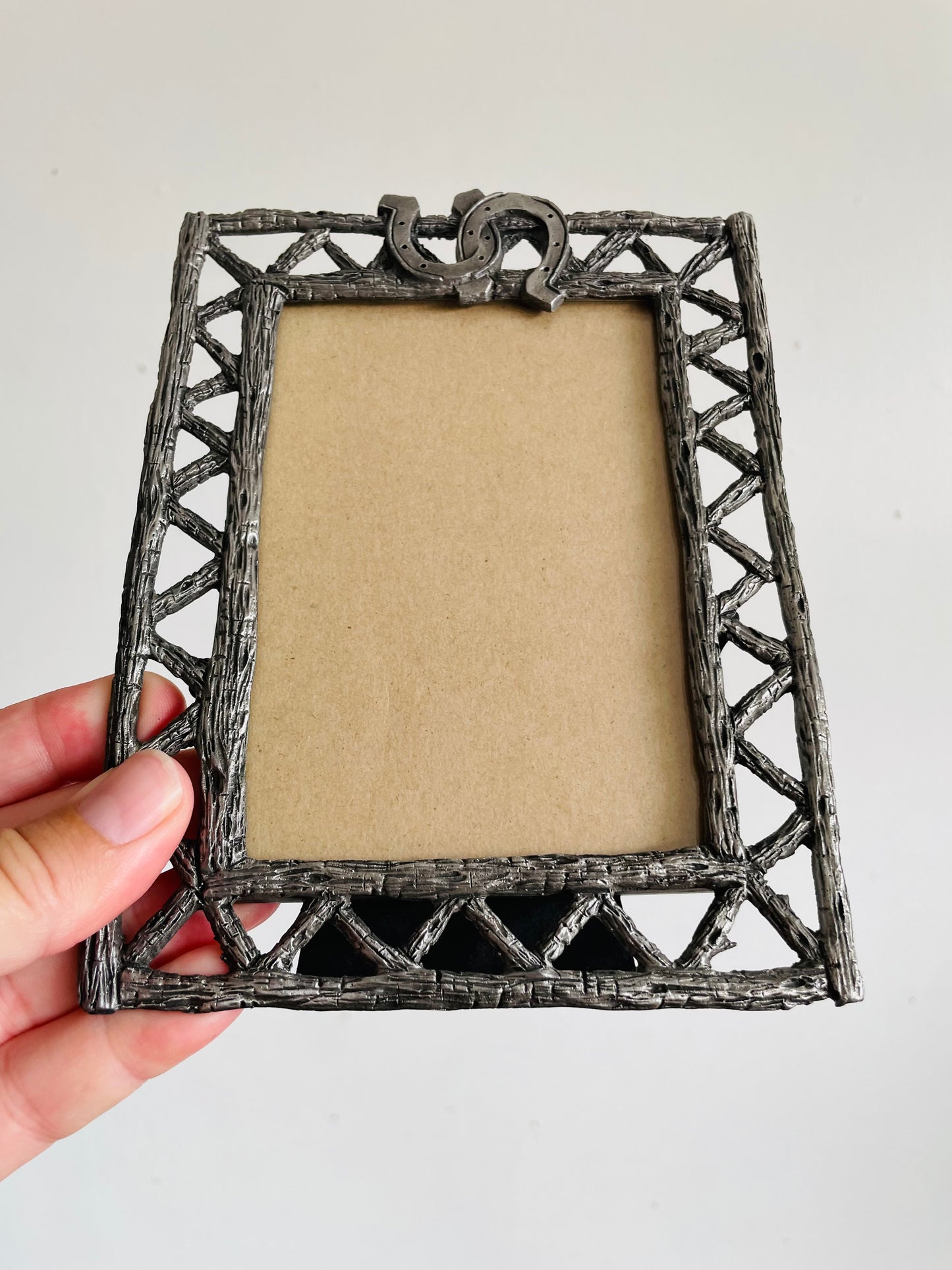Vintage Western Equestrian Themed Silver Pewter Metal Picture Frame with Horseshoe Design - Easel Backing - Made in Taiwan - 3" x 4.5" Photo Size