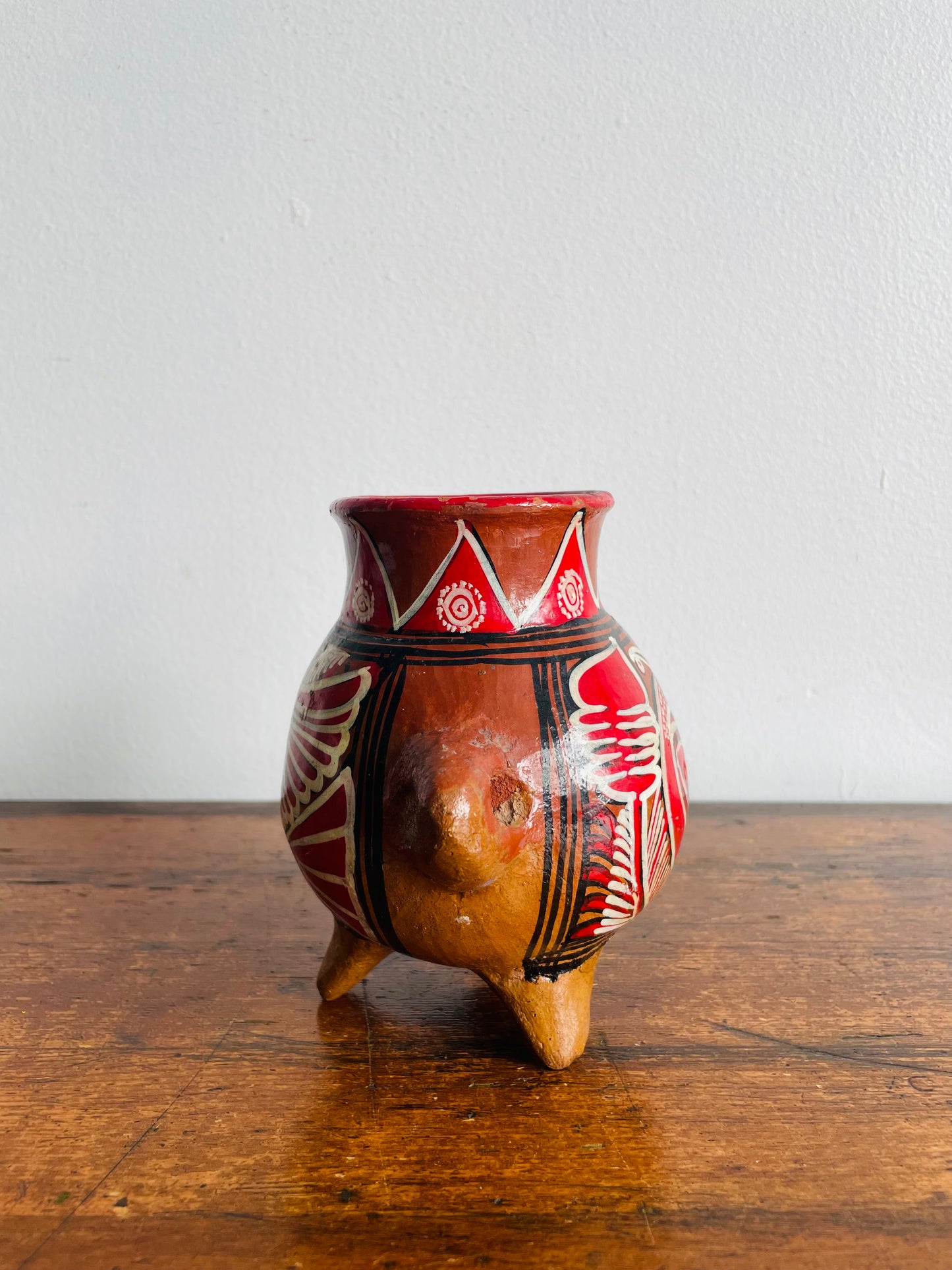 Mexican Folk Art Pottery Footed Vase Vessel with Handles & Bird Design