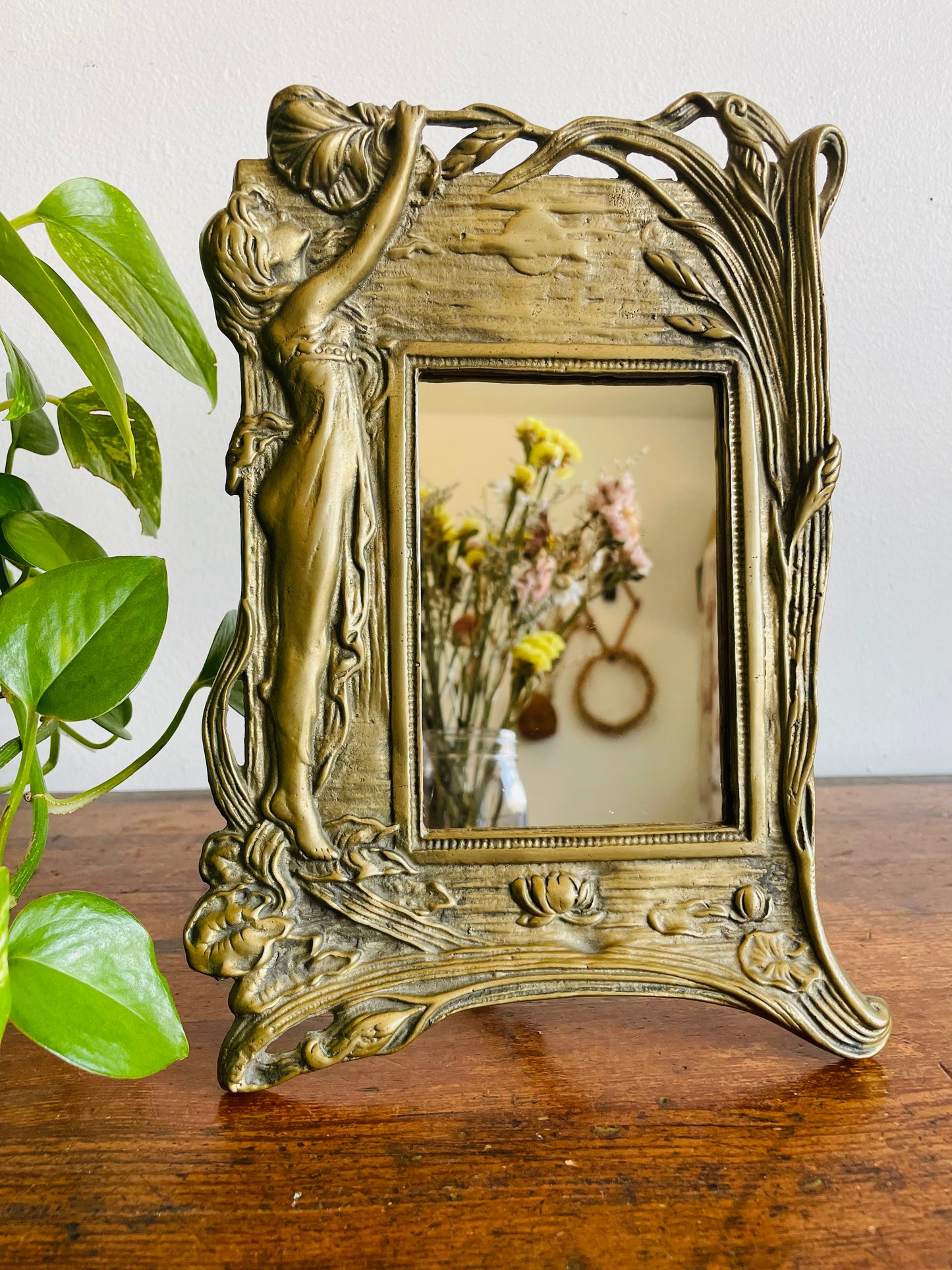 Vintage Heavy Brass Art Nouveau Easel Back Mirror with Fairy Nymph Maiden Under Sun with Flowers - Could Use as a Picture Frame as Well!