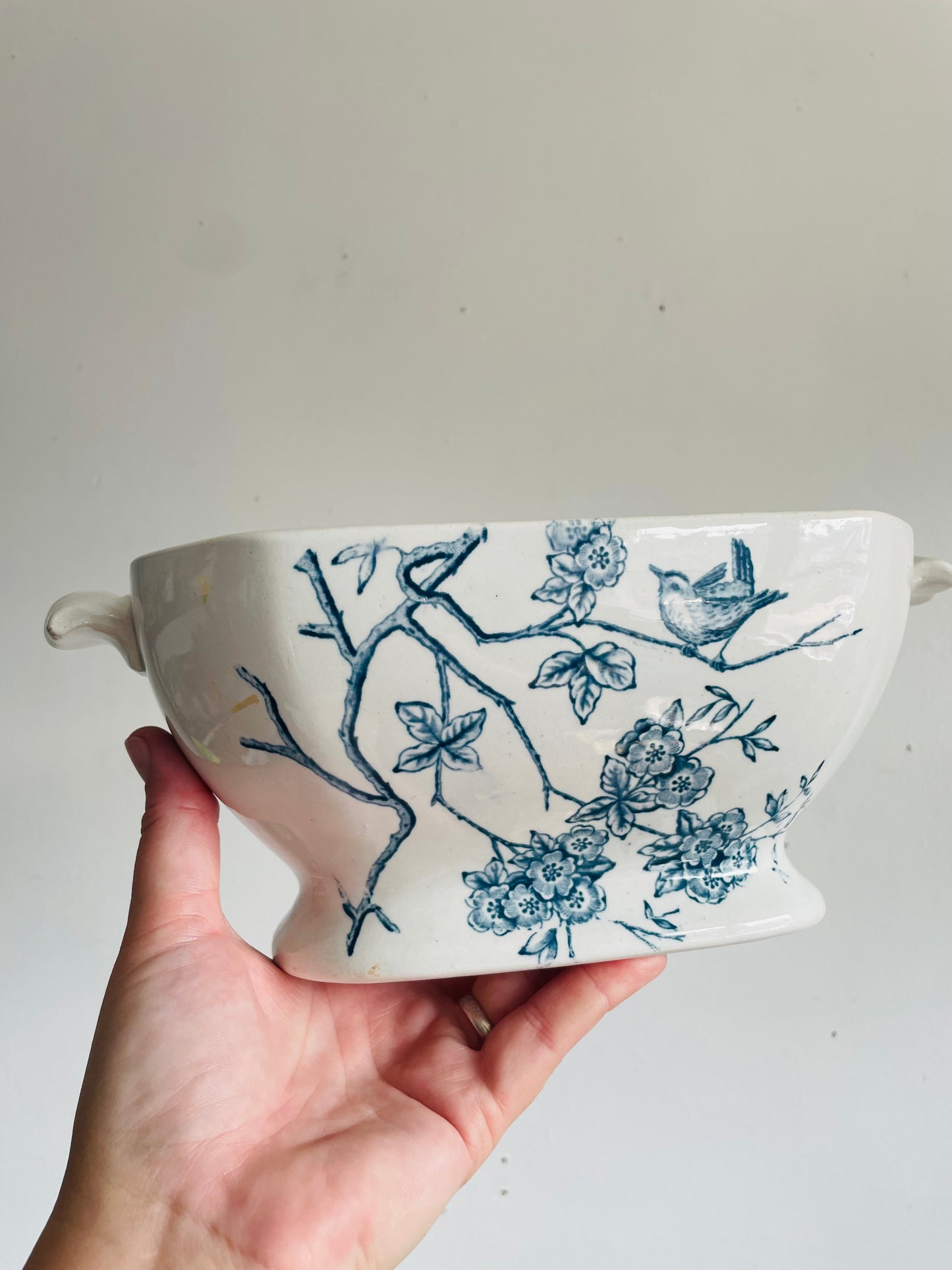 Antique Faiança Fina / Fine Earthenware Fábrica d'Alcântara Lisbon Portugal Tureen Planter Pot Bowl with Blue Bird & Flower Transferware Design & Handles