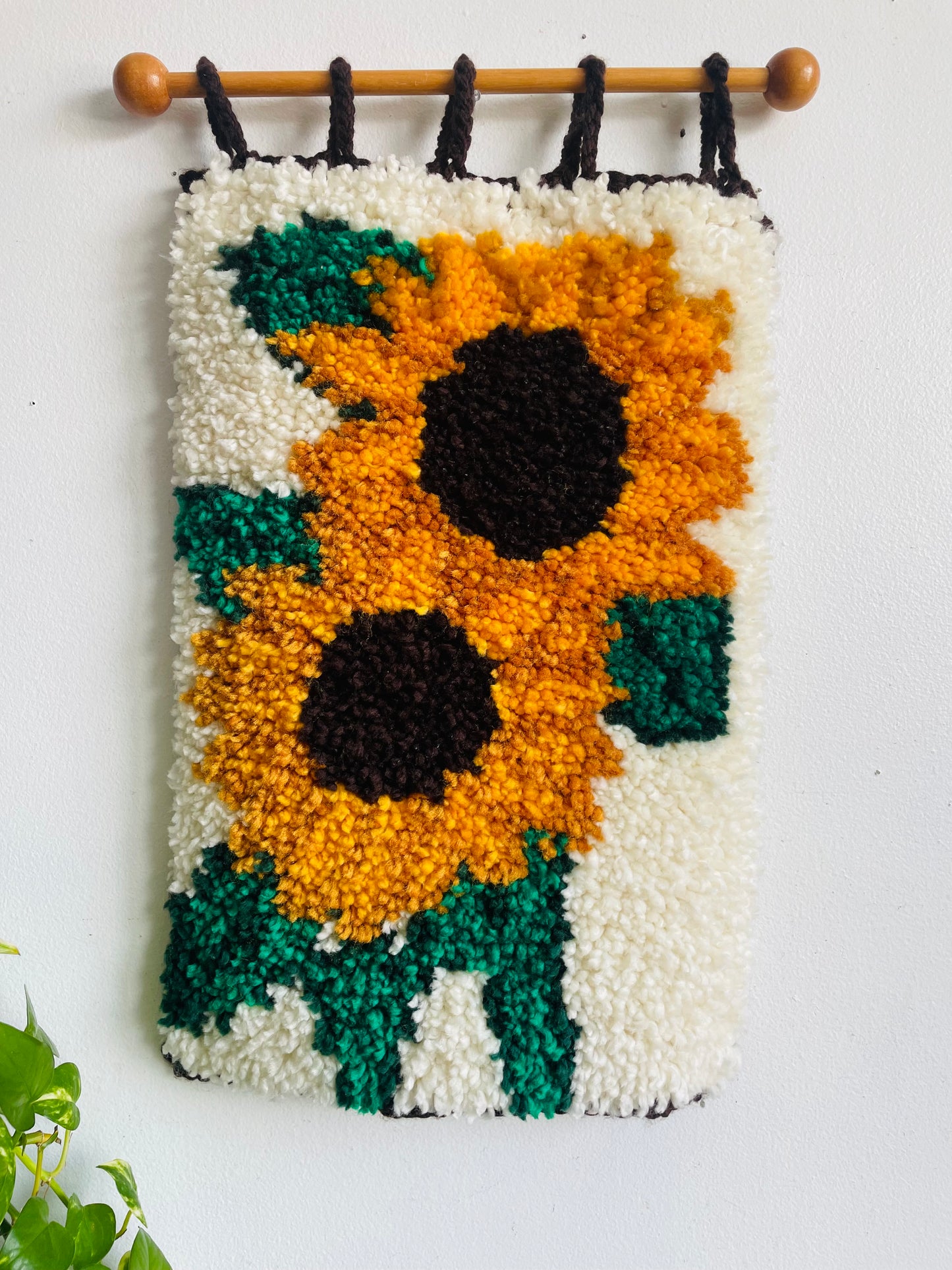 Vintage 1970s Cheerful Sunflowers Latch Hook Rug Wall Hanging Textile on Wood Dowel