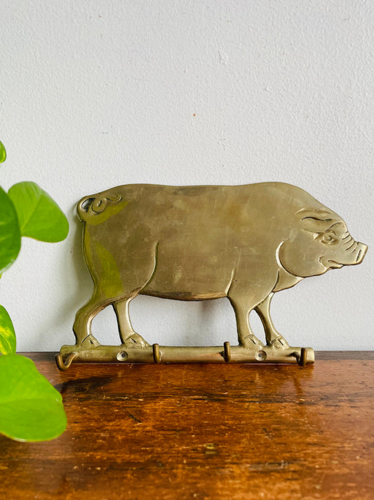 Vintage Solid Brass Pig Wall Rack Hanger with 4 Sturdy Hooks - Keys, Tea Towels, Etc.