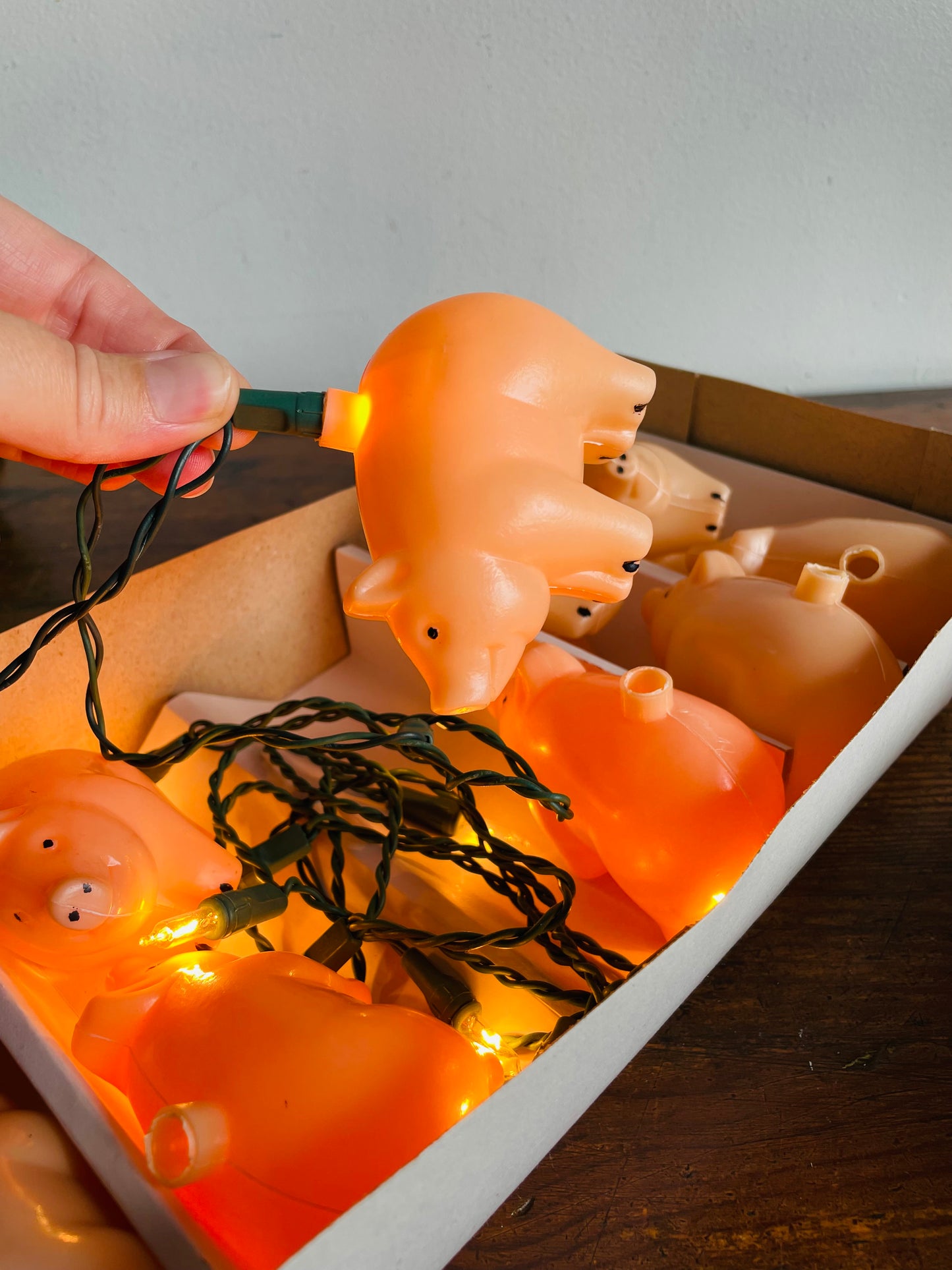 Vintage Brand New Pink Plastic Pigs 10 Light Set of String Lights in Original Box - Tested / Works!