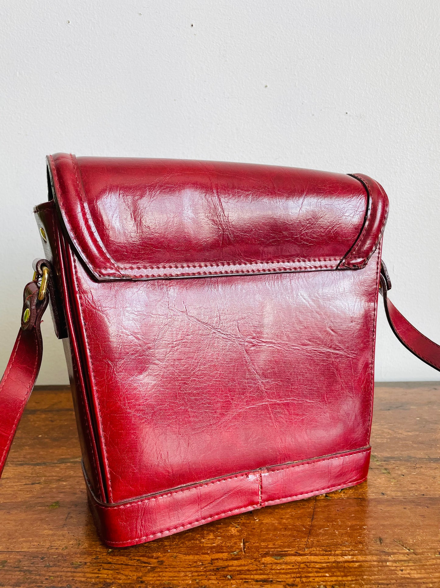 Vintage Marchino Burgundy Colour Crossbody Strap Purse with Brass Gold Hardware