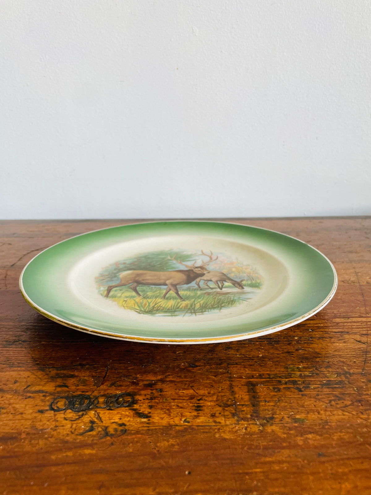 Antique Buffalo Pottery Plate with Elk in Forest Along Stream Nature Design - Includes Optional Plate Hanger