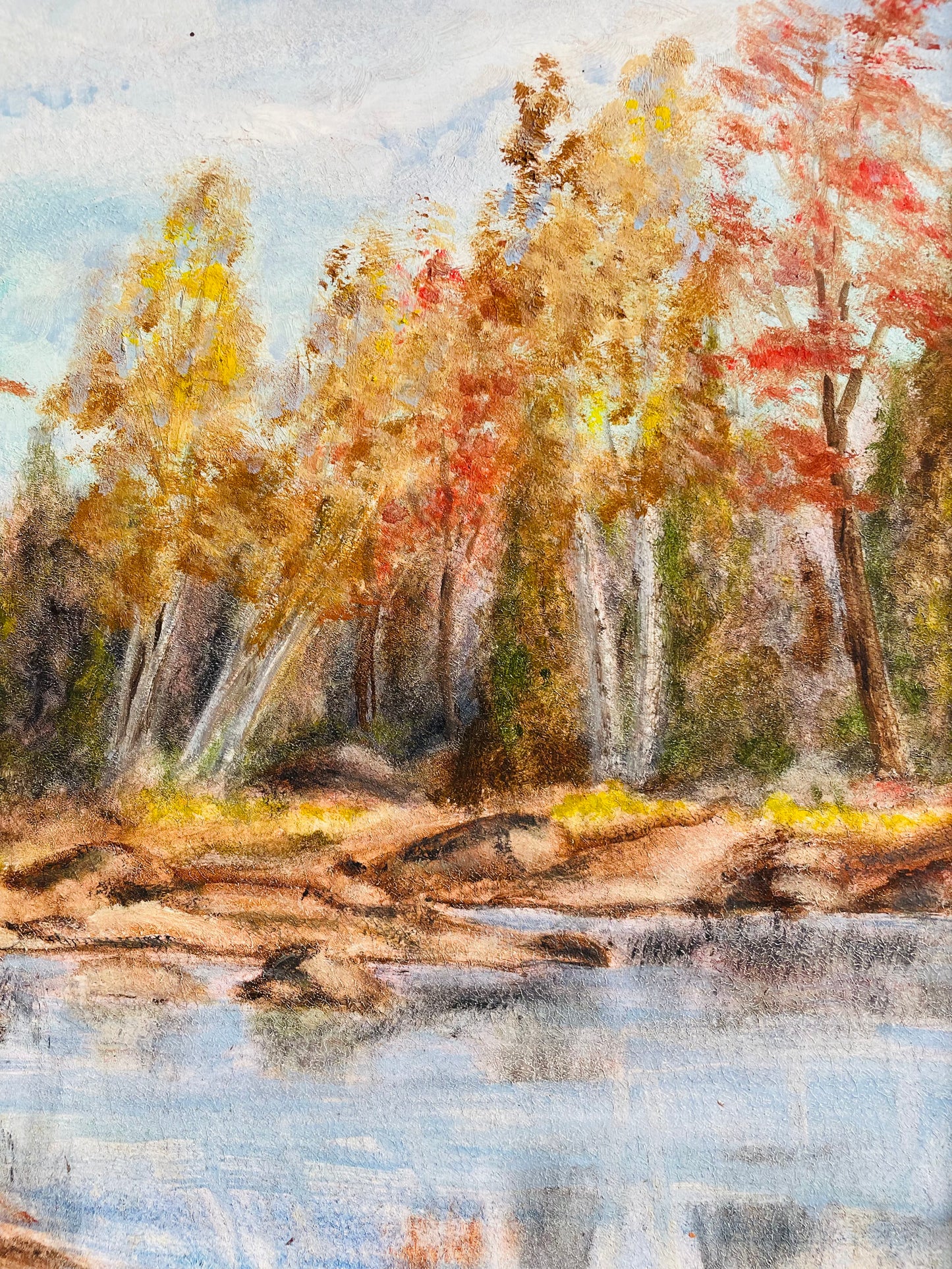 Vintage Original Art Painting Picture in Gold & White Wood Frame - Hudson Point on Lake Muskoka - Artist Signed