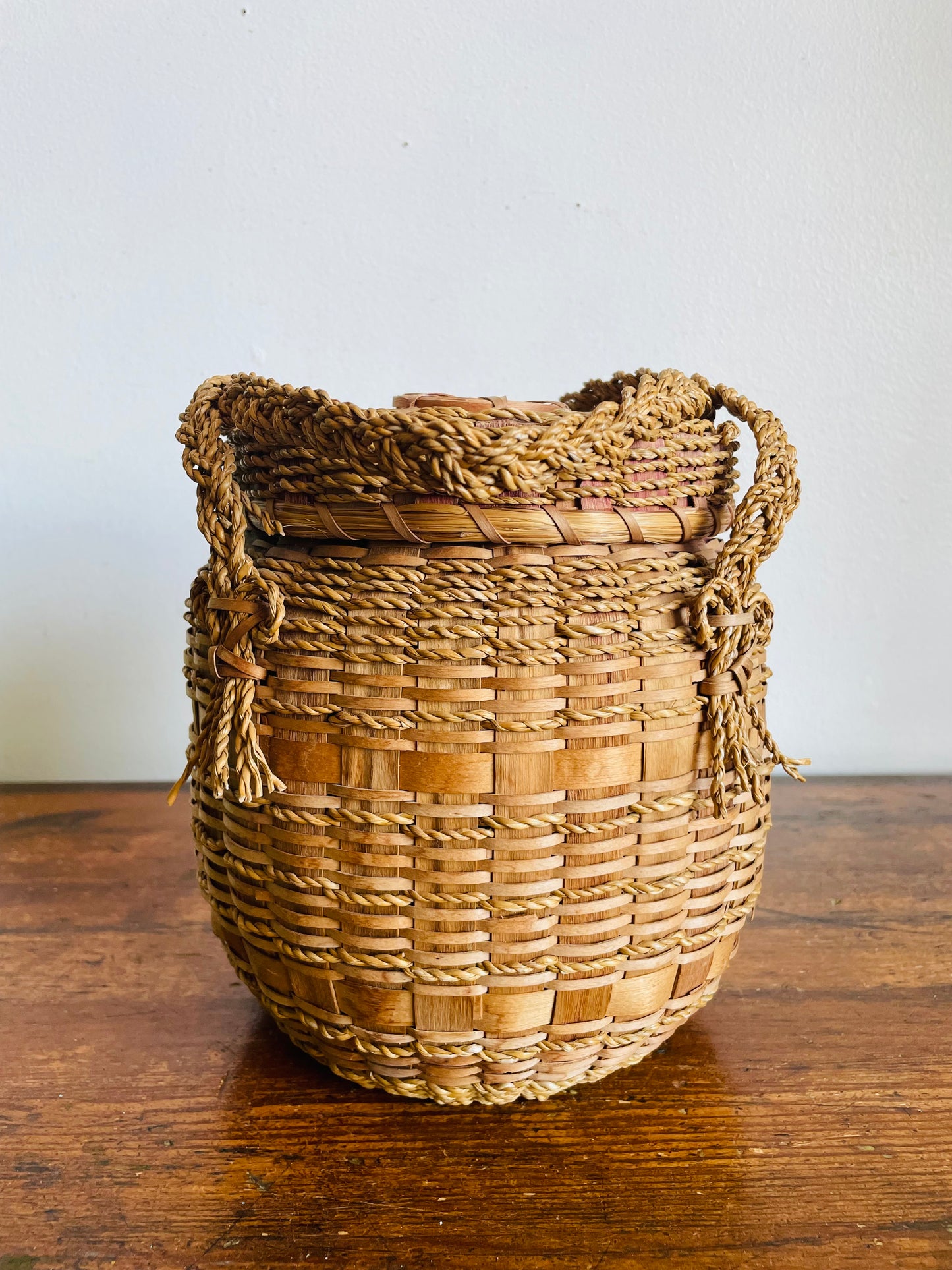 Vintage Indigenous Woven Ash Wood & Sweet Grass Yarn Holding Basket with Braided Handles & Lid - Hole in Lid to Pull Yarn Through