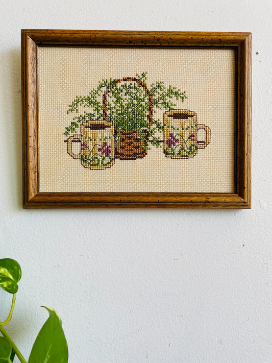 Vintage Adorable Cross Stitch Embroidery Picture - Two Mugs of Coffee with Purple Flowers & Fern Plant Scene