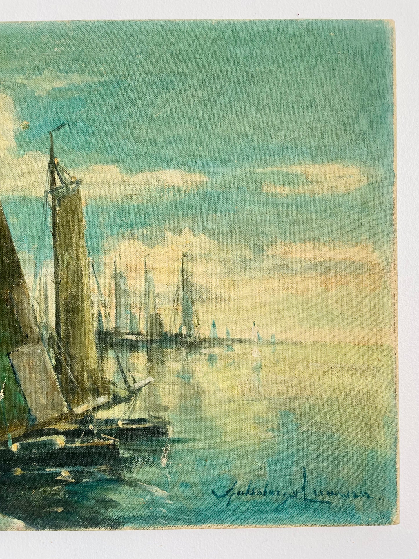 Vintage Original Art Nautical Painting of Ships in Harbour