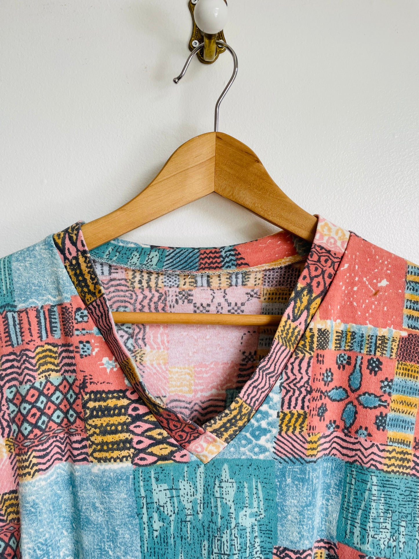 Soft V-Neck T-Shirt with Patchwork Pattern