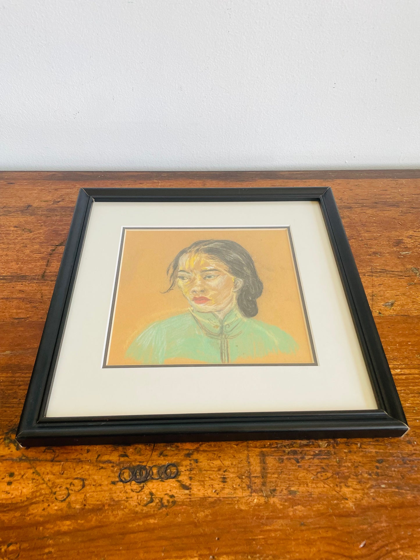 Vintage Original Art Pastel Chalk Portrait Picture of Woman in Turquoise Cheongsam Dress - Purchased from Son of the Artist in Haliburton, ON