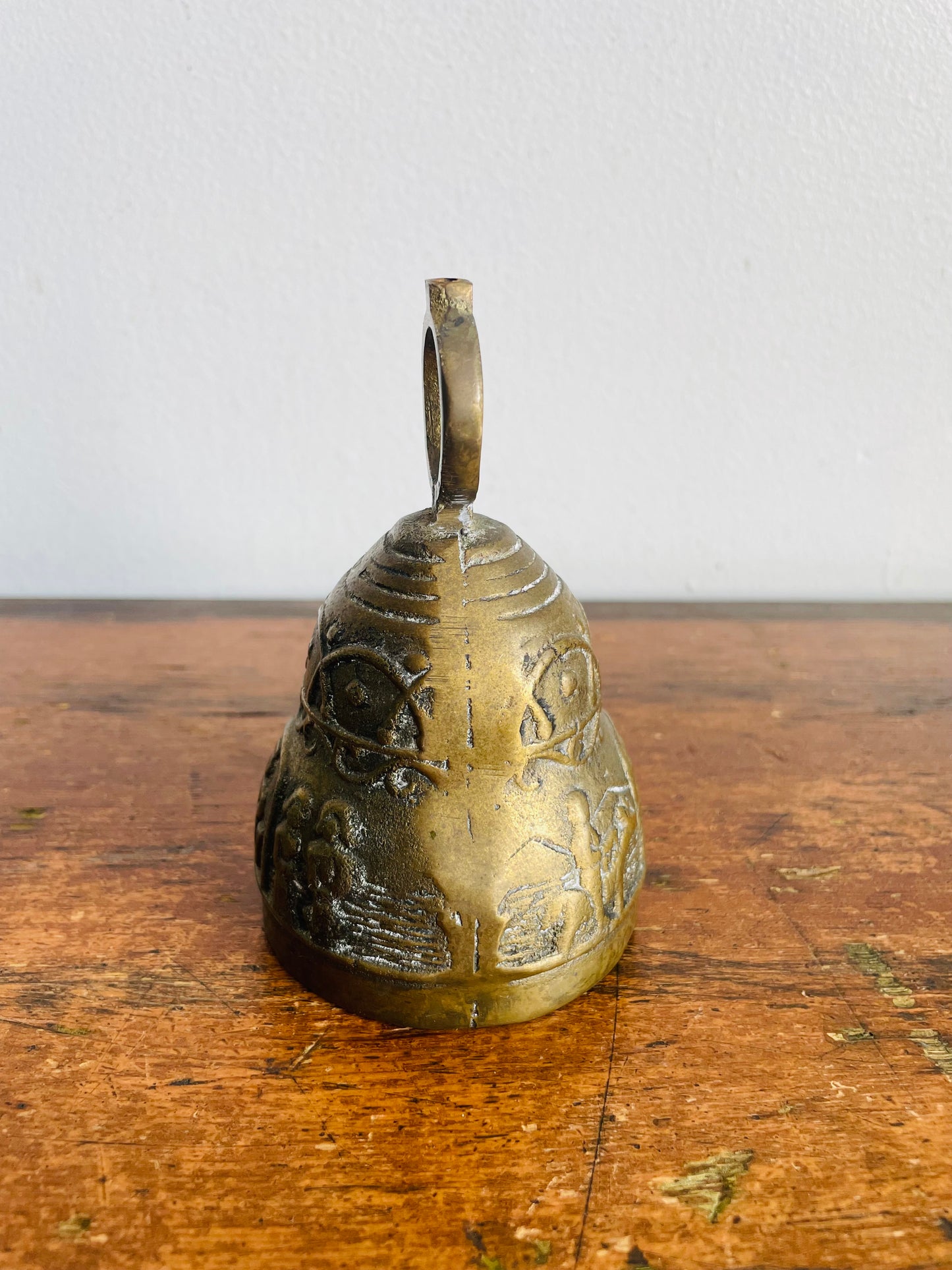 Vintage Heavy & Solid Brass Monastery Sanctuary Bell with Handle & Intricate Embossed Nativity Scene Design