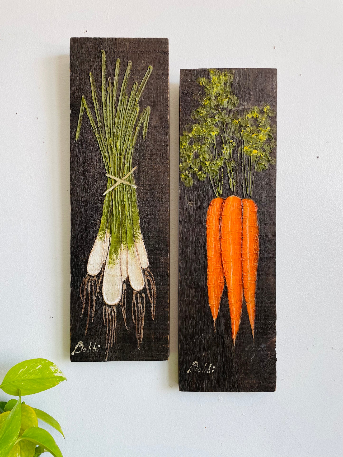 Vintage Original Art Paintings of Vegetables on Wood Boards - Carrots & Green Spring Onions - Artist Signed - Set of 2