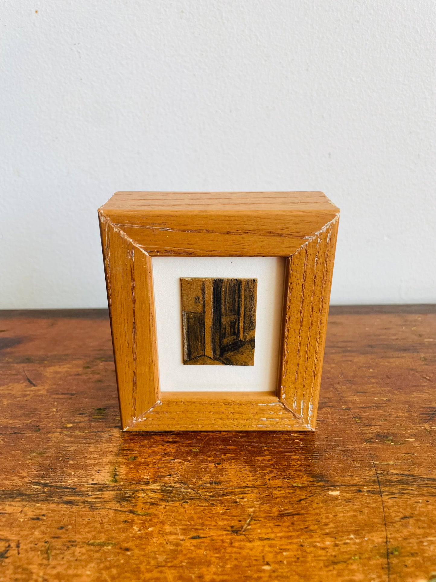 Vintage 1995 Miniature Original Art Painting in Chunky Tan Wood Frame - Artist Signed