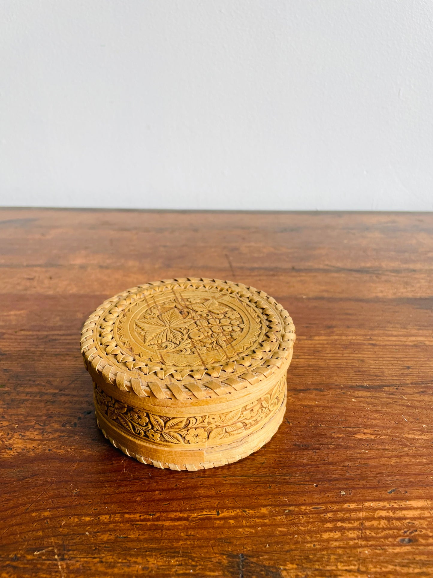 Handmade Round Birch Bark Trinket Box with Lid & Carved Botanical Designs - Found in Lisbon, Portugal