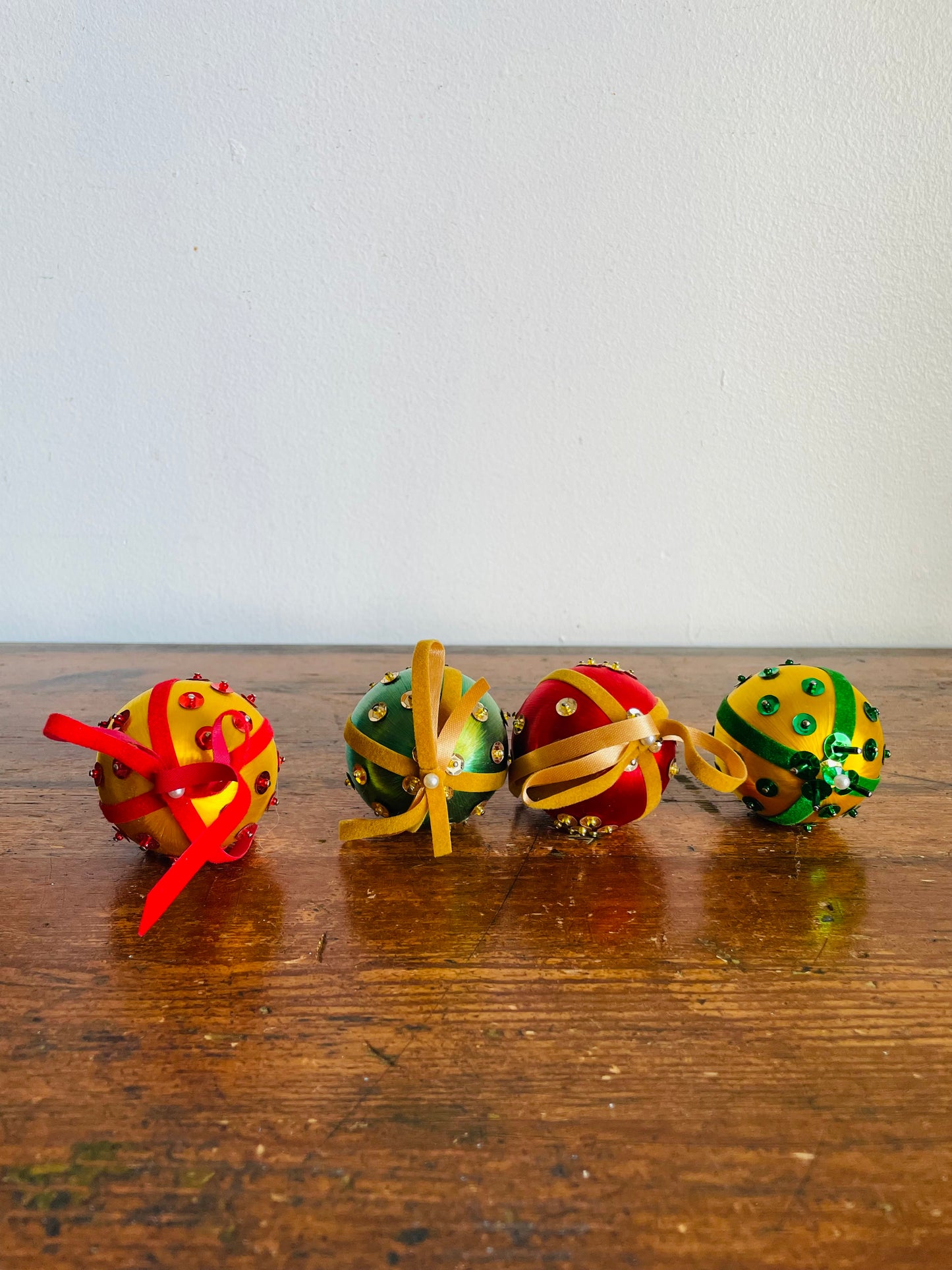 Vintage Collection of Handmade String Wrapped Beaded Sequined Push Pin Christmas Ornaments with Velvet Ribbon - Set of 4