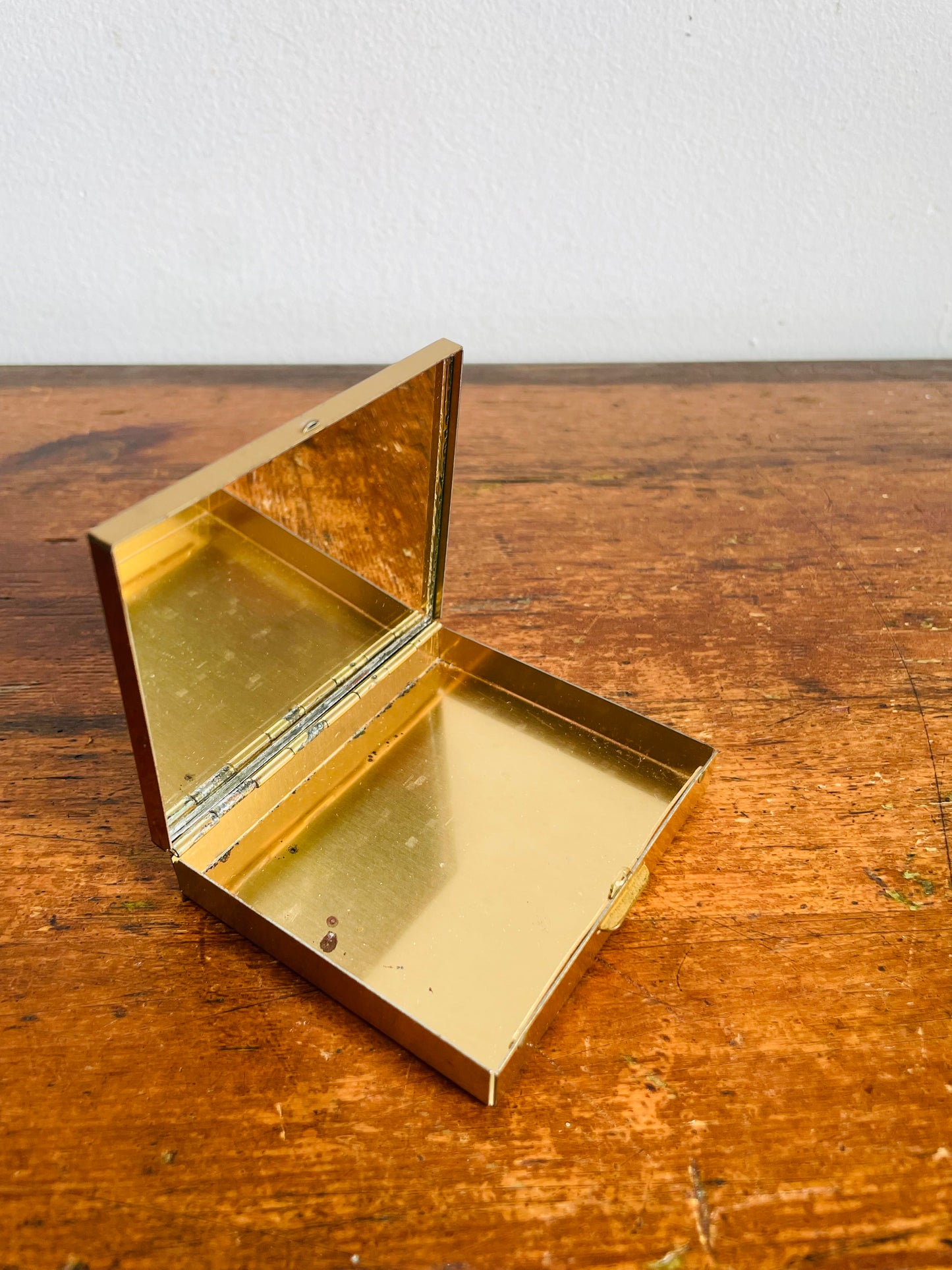 Vintage Brass & Enamel Travel Pocket Case with Divided Jewellery or Pill Organizer Compartment & Mirror - Snowy Winter Night Scene - Made in Vancouver Canada