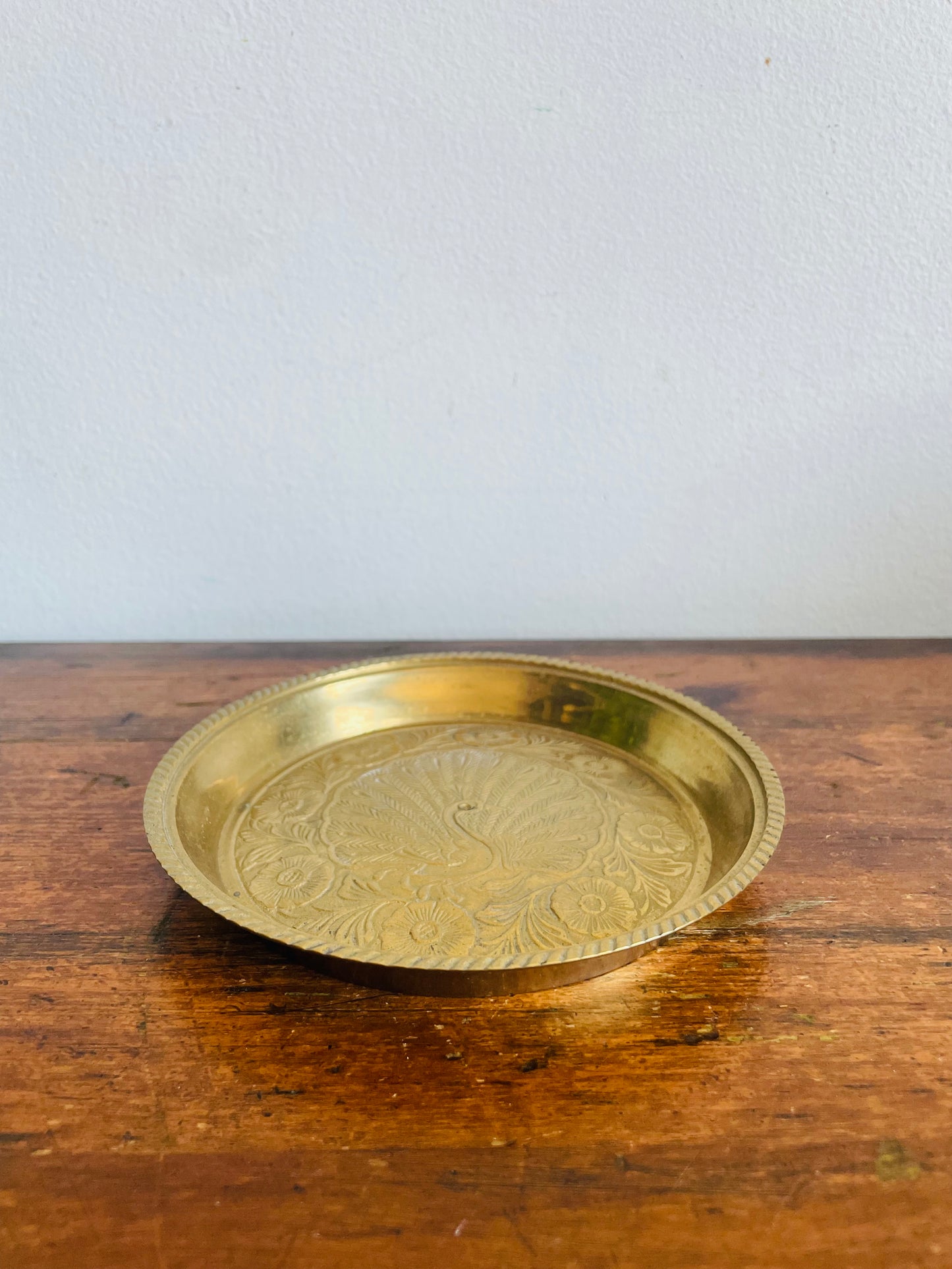 Vintage Solid Brass Trinket Bowl Dish with Embossed Peacock Bird & Flower Design - Made in India