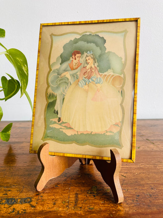 Lithograph Print Picture of Man & Woman in Victorian Dress Courting in Garden - Convex Bubble Glass - Copr. S. Colef