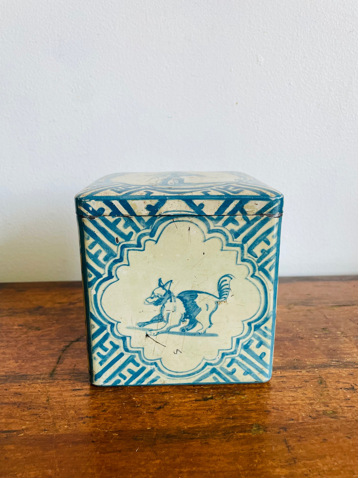 Vintage 1920s Blue & White Delft Tin with Dutch Fox, Rabbit, Dog & Man Design