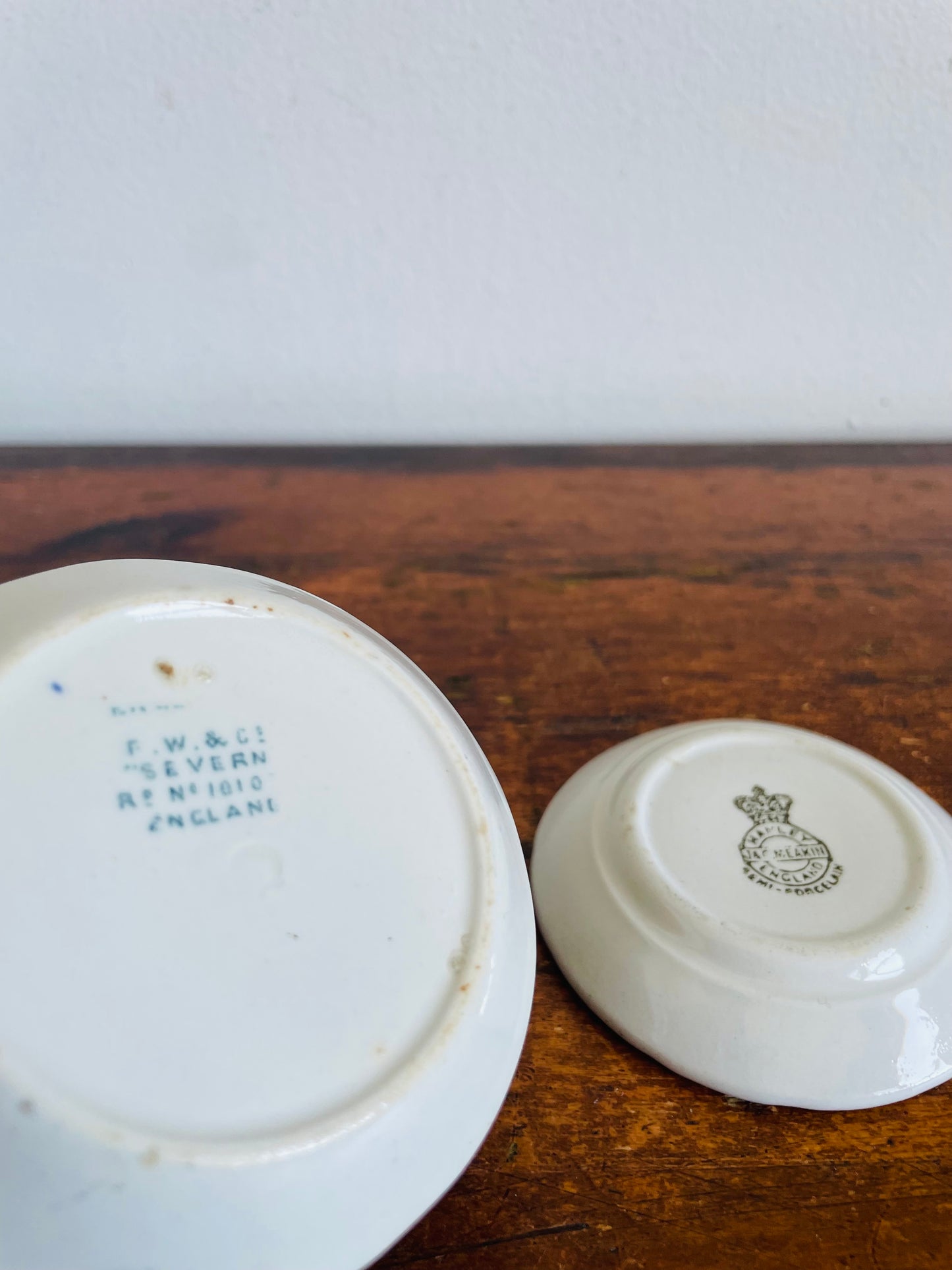Vintage Miniature White Butter Pat Dishes with Blue Floral Design - Made in England - Set of 2