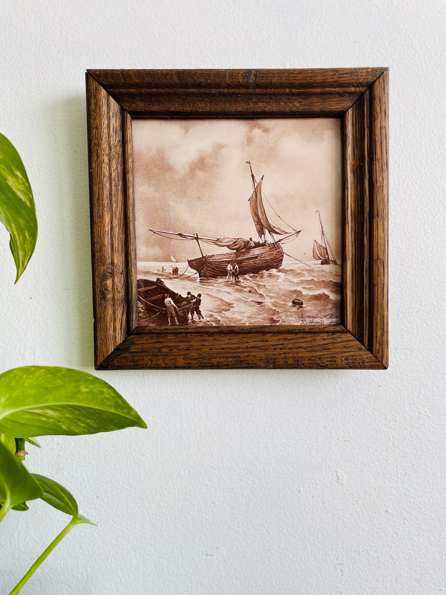 Framed Mosa Tile with Sepia Toned Ship Scene - Made in Holland