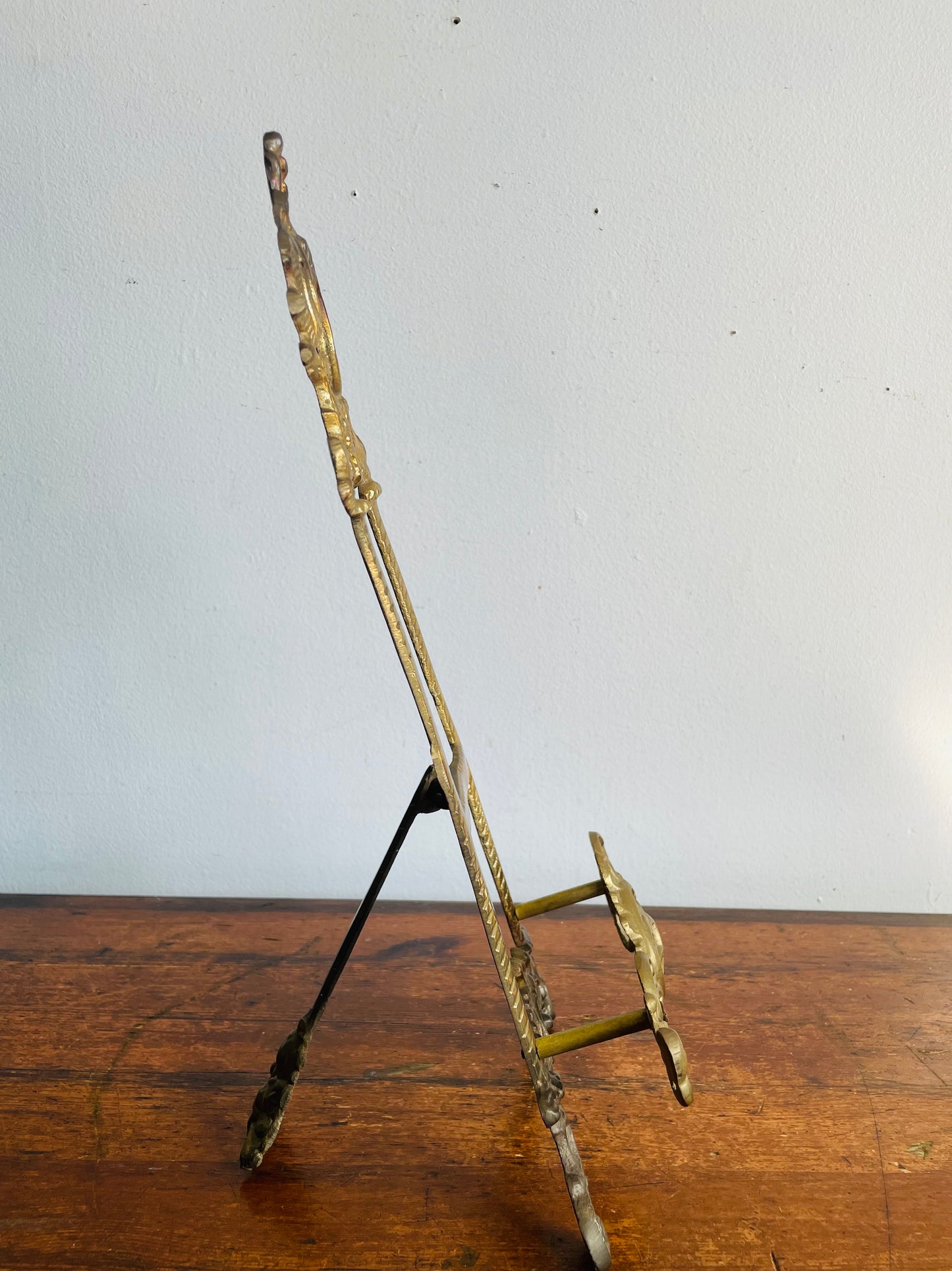 Vintage 14" Tall Brass Tabletop Display Easel with Ornate Scroll & Floral Design
