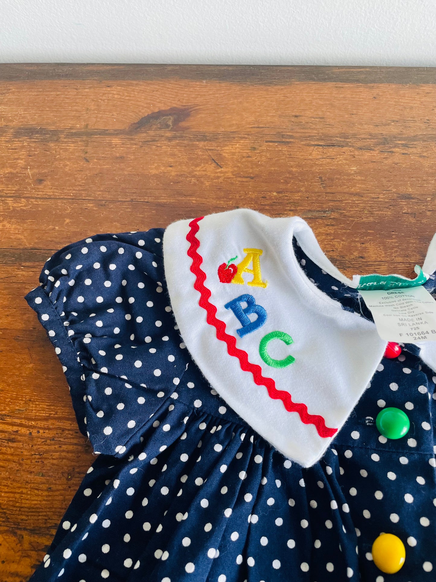 Rare Edition Brand 100% Cotton Navy Polka Dot Dress with ABC School Patches - Size 24 Months