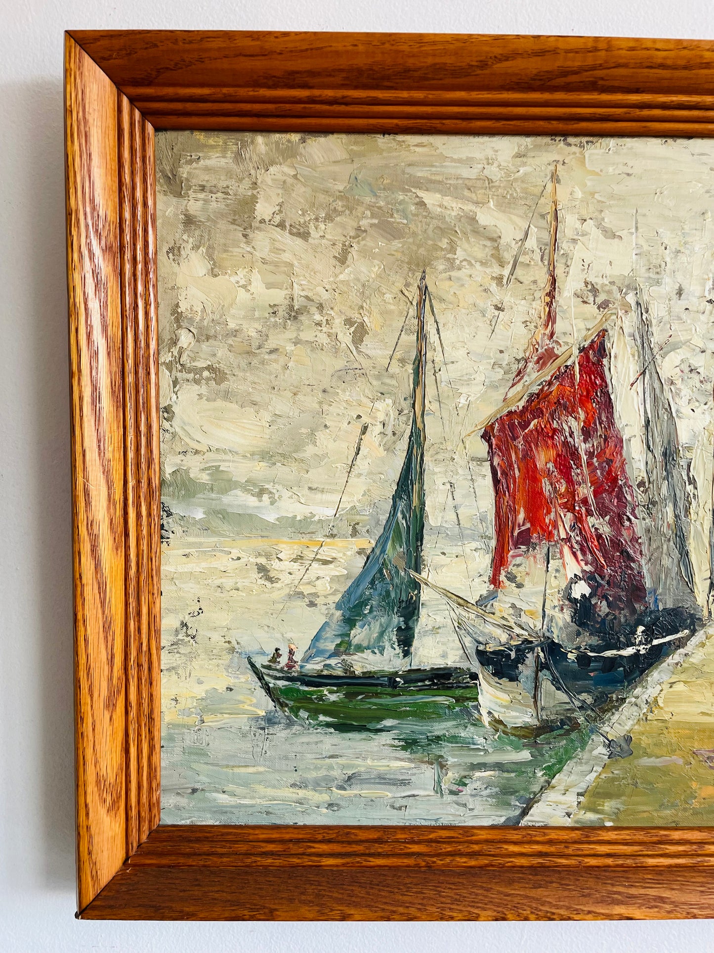 Vintage Original Art Painting - Impressionist Impasto Style - Sailboats & Fishing Ships Docked Along Wharf - "Marine Life" - Artist Signed - Purchased from a Fort Erie Estate - No Shipping