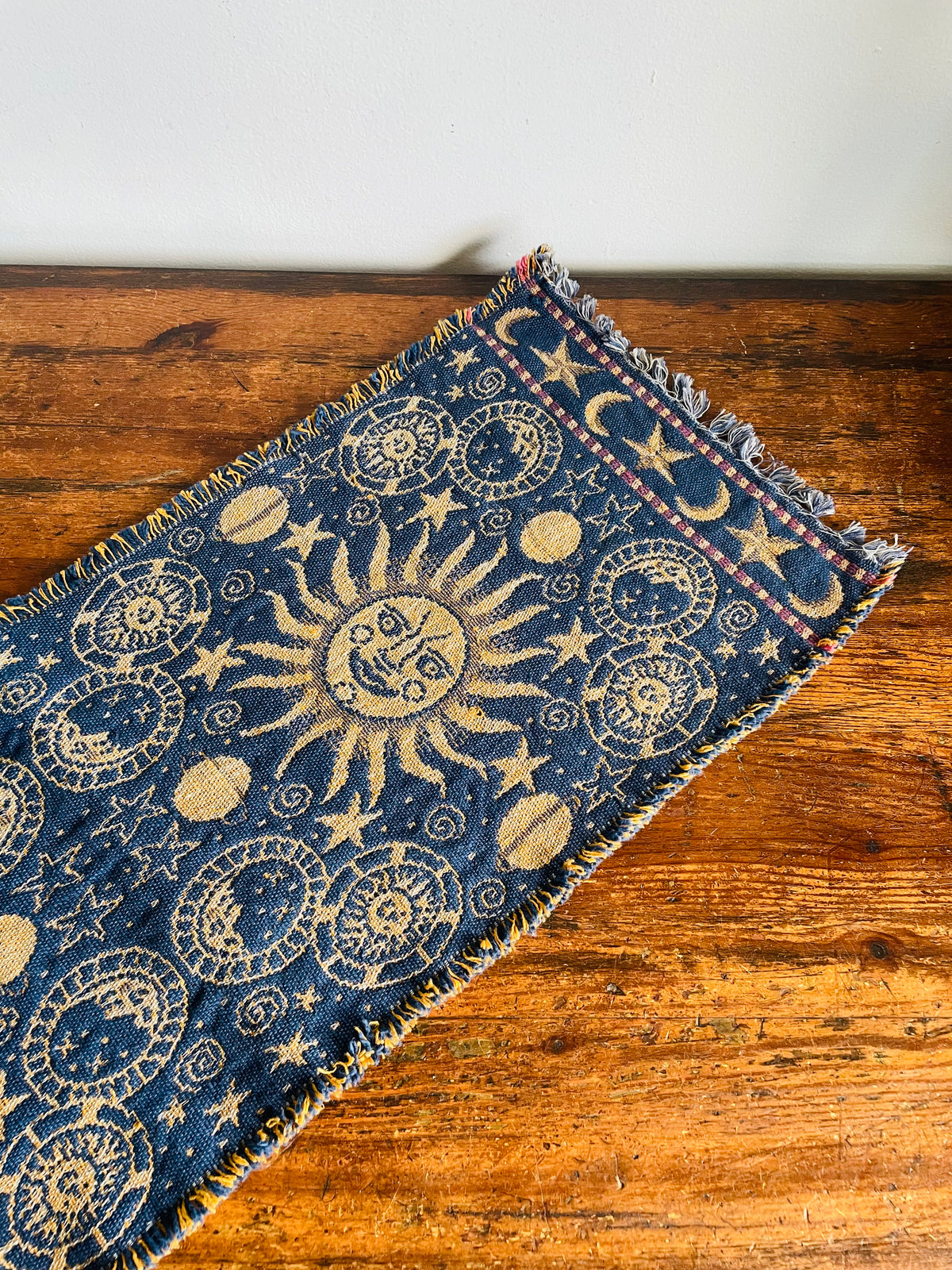 Vintage Blue & Yellow Reversible Celestial Tapestry Fabric Fringed 2.88 Feet Table Runner with Sun, Moon & Star Design - Whimsigoth Decor