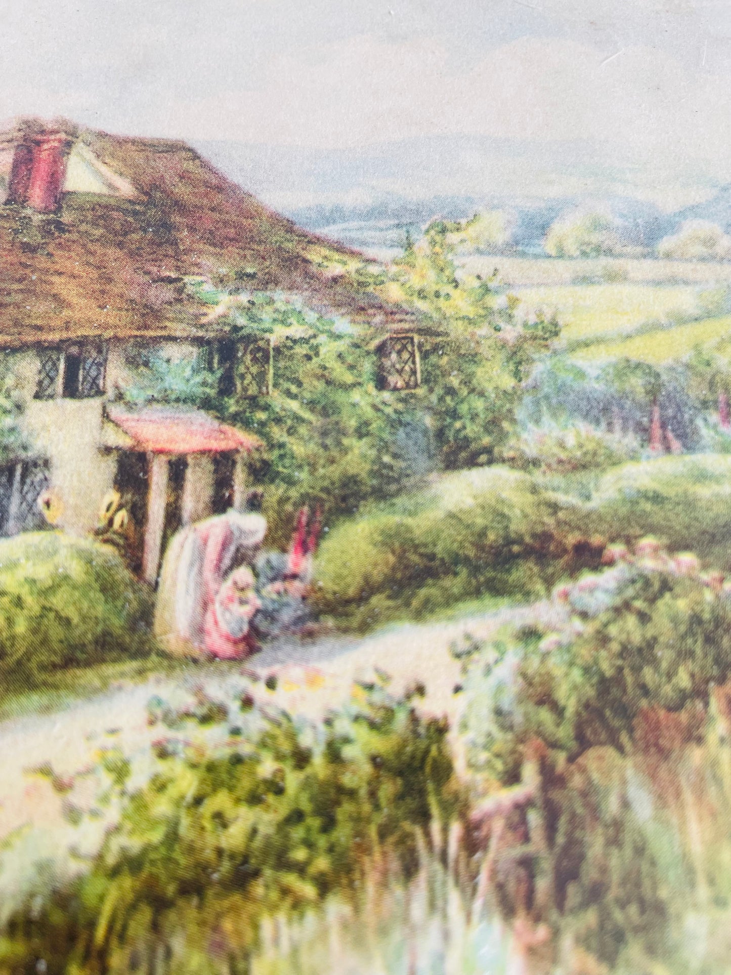 Framed Country Cottage Scene Print with Thatched Roof House, Woman & Child