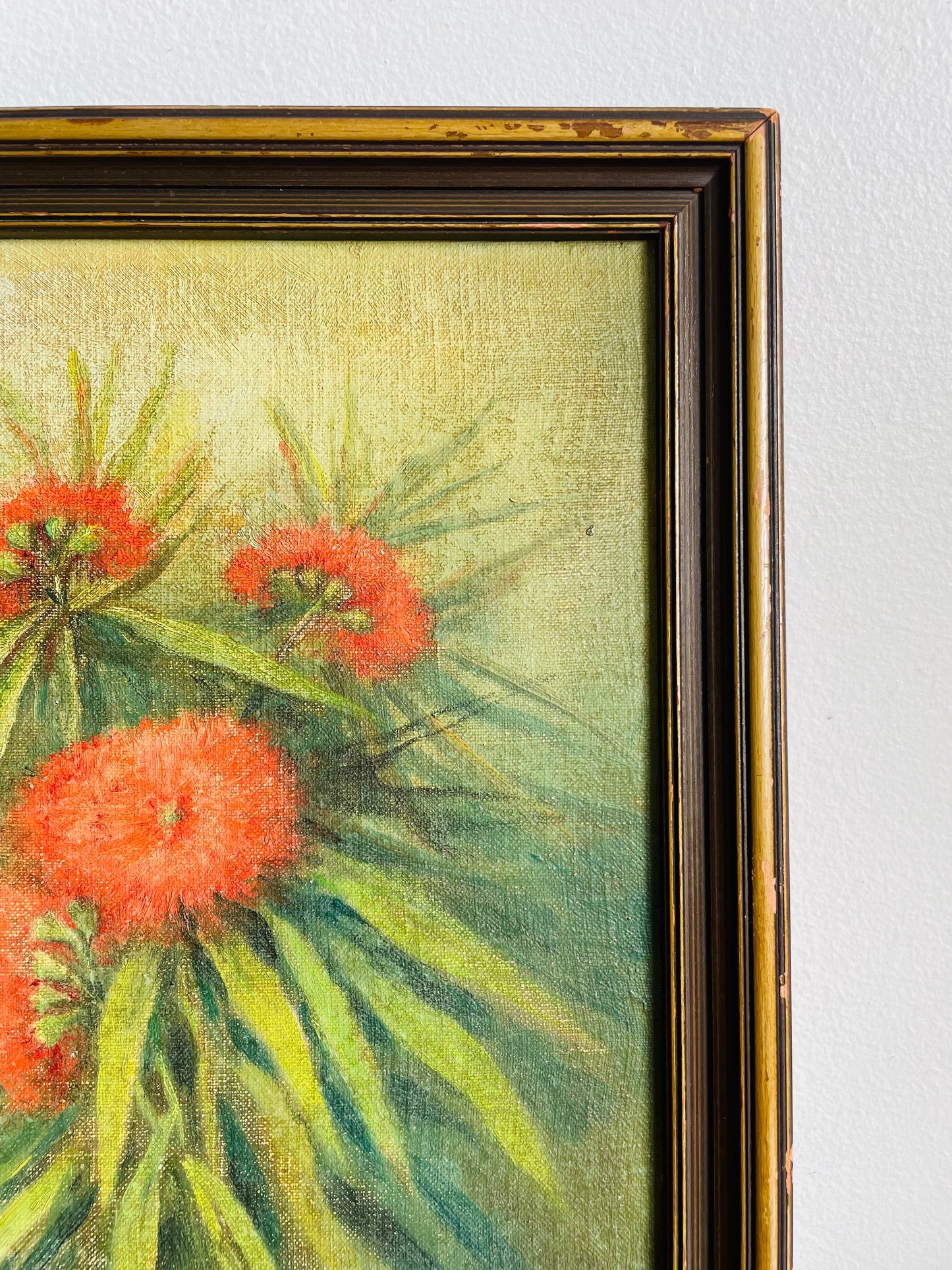 Vintage Very Old Original Art Painting of Red Flowers Among Green Foliage in Dark & Moody Colours - Artist Signed