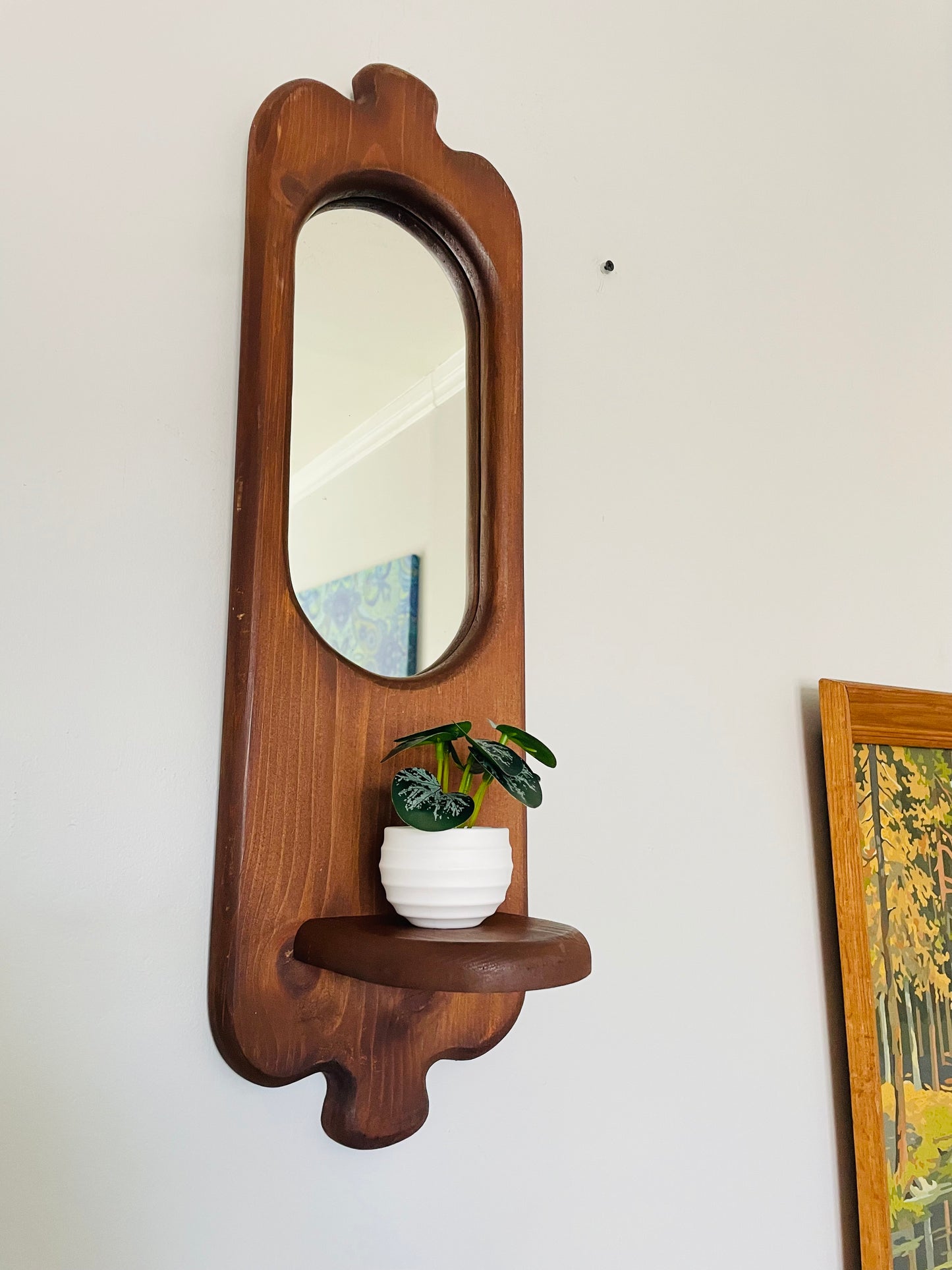 Vintage Organic Wavy Shaped Wood Mirror with Shelf Ledge #2 - 2 Feet Long - No Shipping