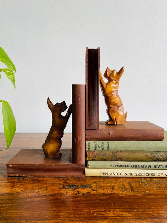 Wood Bookends with Scruffy Terrier Dogs - Made in Western Germany - Set of 2