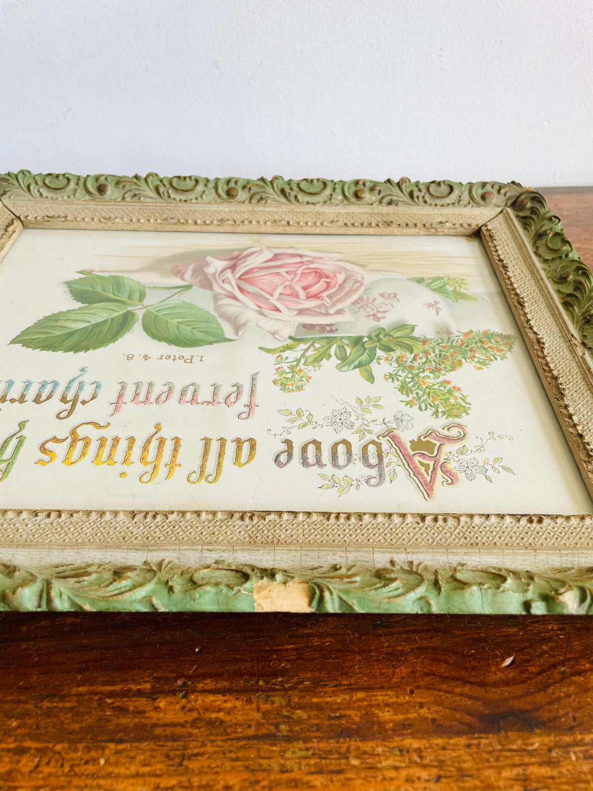 Antique 1891 Botanical Pink Rose Print Picture with Bible Verse I Peter 4.8 - Above All Things Have Fervent Charity - Ornate Wood Frame - 135 Years Old!
