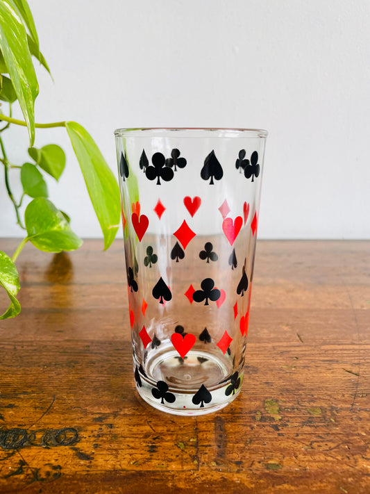 Schwartz Mustard Dominion Glass Canada Drinking Glass with Playing Card Suit Design - Hearts, Spades, Clubs & Diamonds